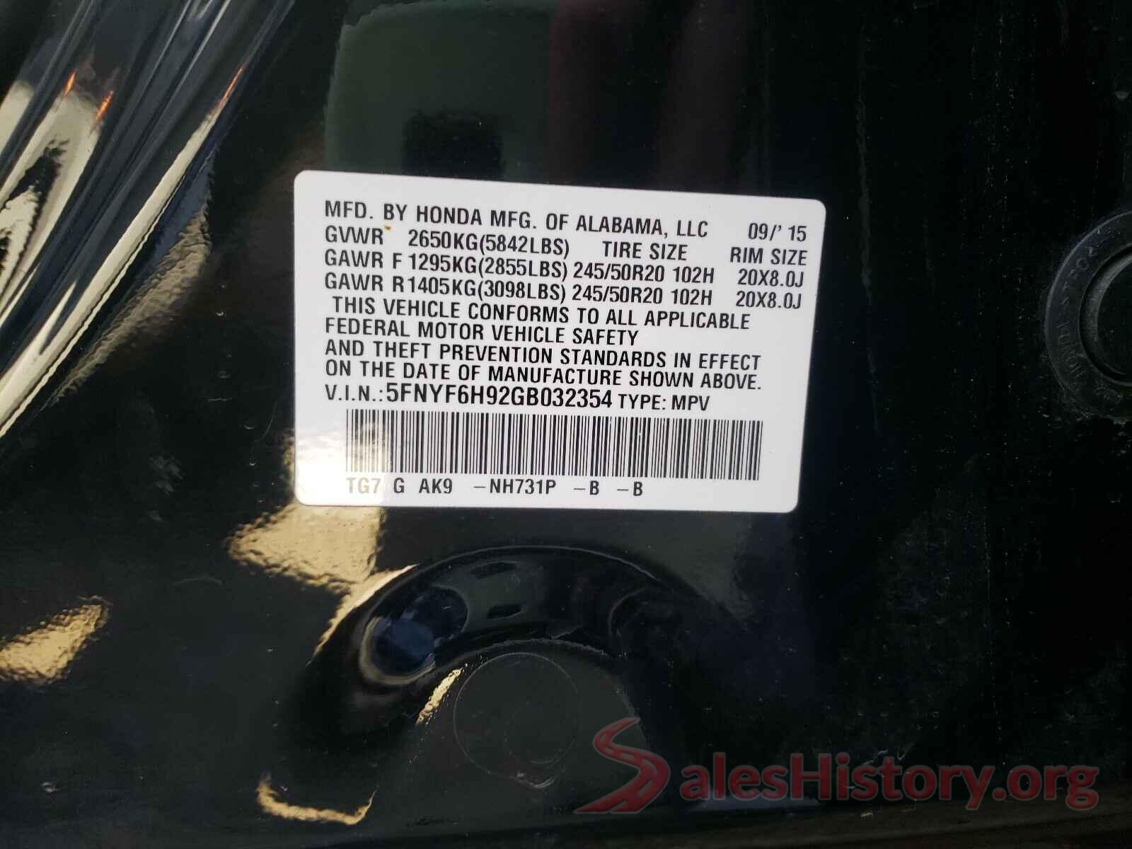 5FNYF6H92GB032354 2016 HONDA PILOT