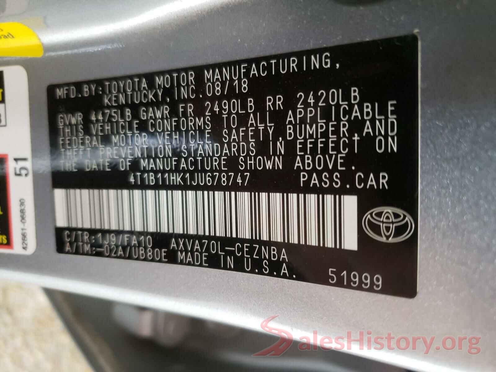 4T1B11HK1JU678747 2018 TOYOTA CAMRY