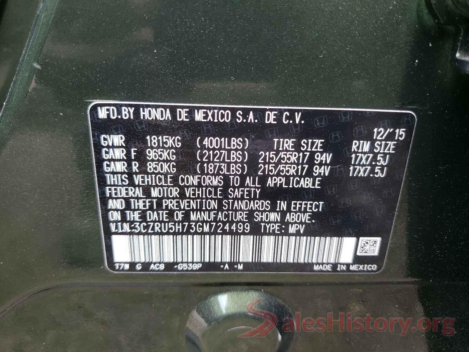 3CZRU5H73GM724499 2016 HONDA HR-V