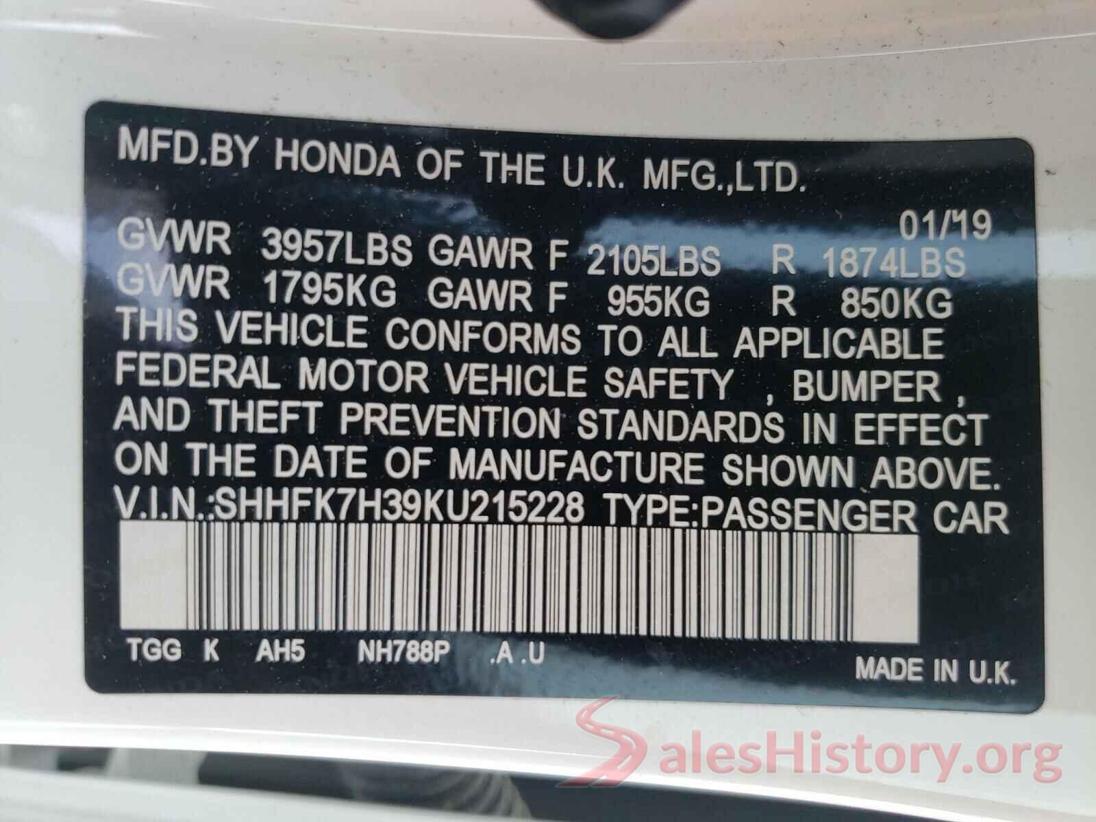 SHHFK7H39KU215228 2019 HONDA CIVIC