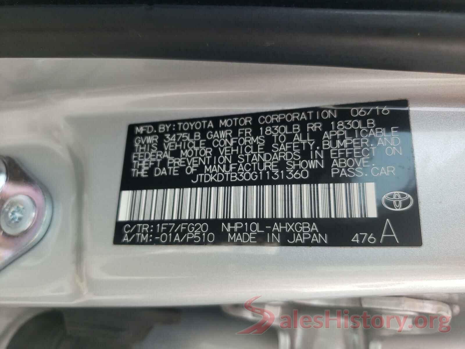 JTDKDTB30G1131360 2016 TOYOTA PRIUS