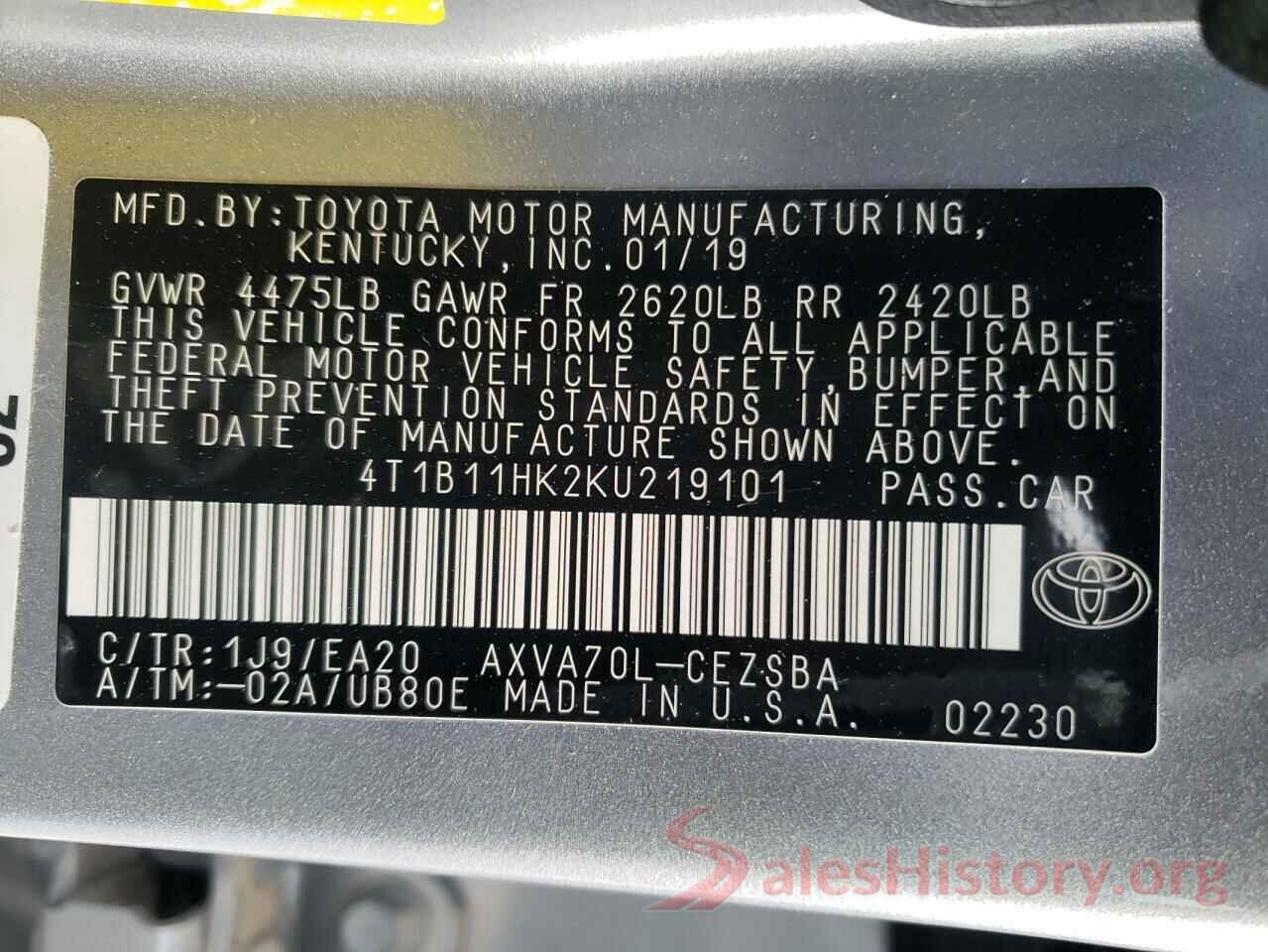 4T1B11HK2KU219101 2019 TOYOTA CAMRY