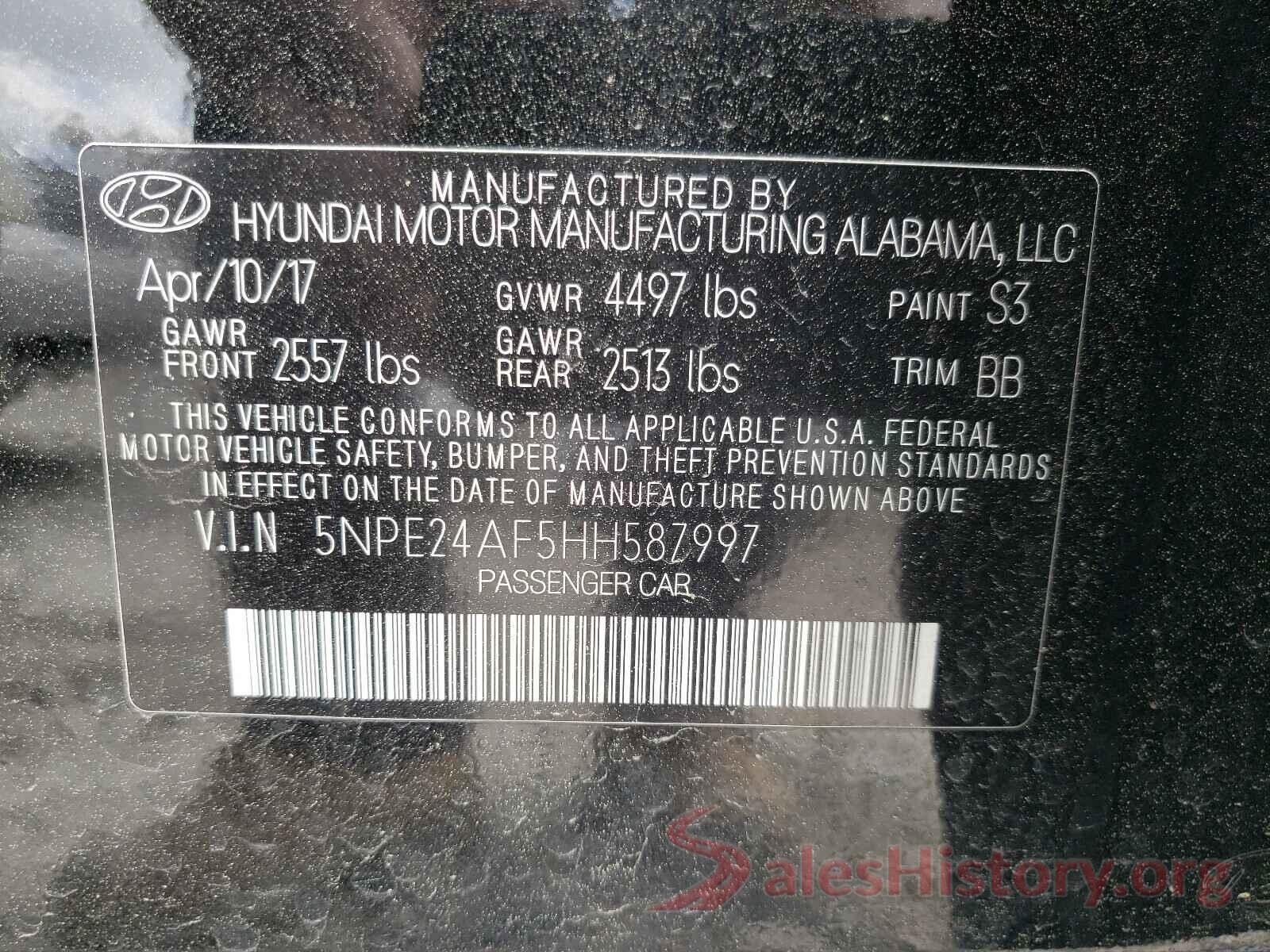 5NPE24AF5HH587997 2017 HYUNDAI SONATA