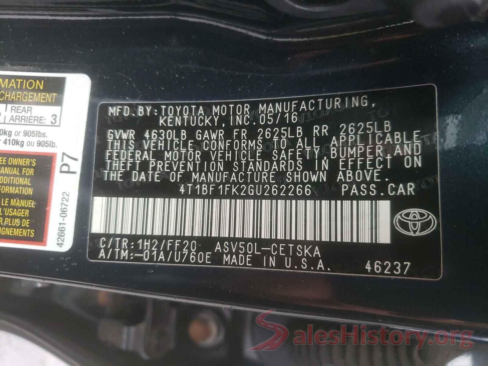 4T1BF1FK2GU262266 2016 TOYOTA CAMRY