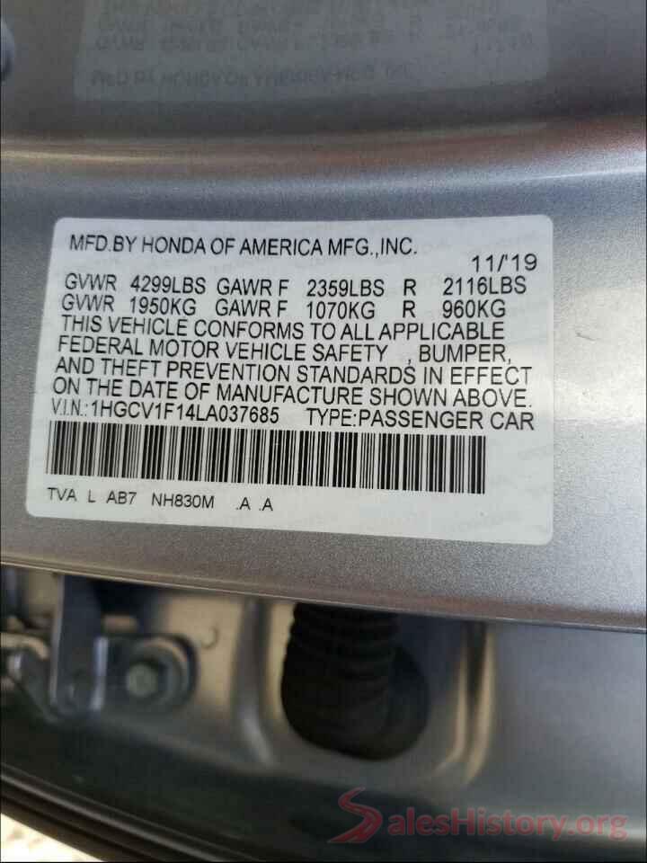 1HGCV1F14LA037685 2020 HONDA ACCORD