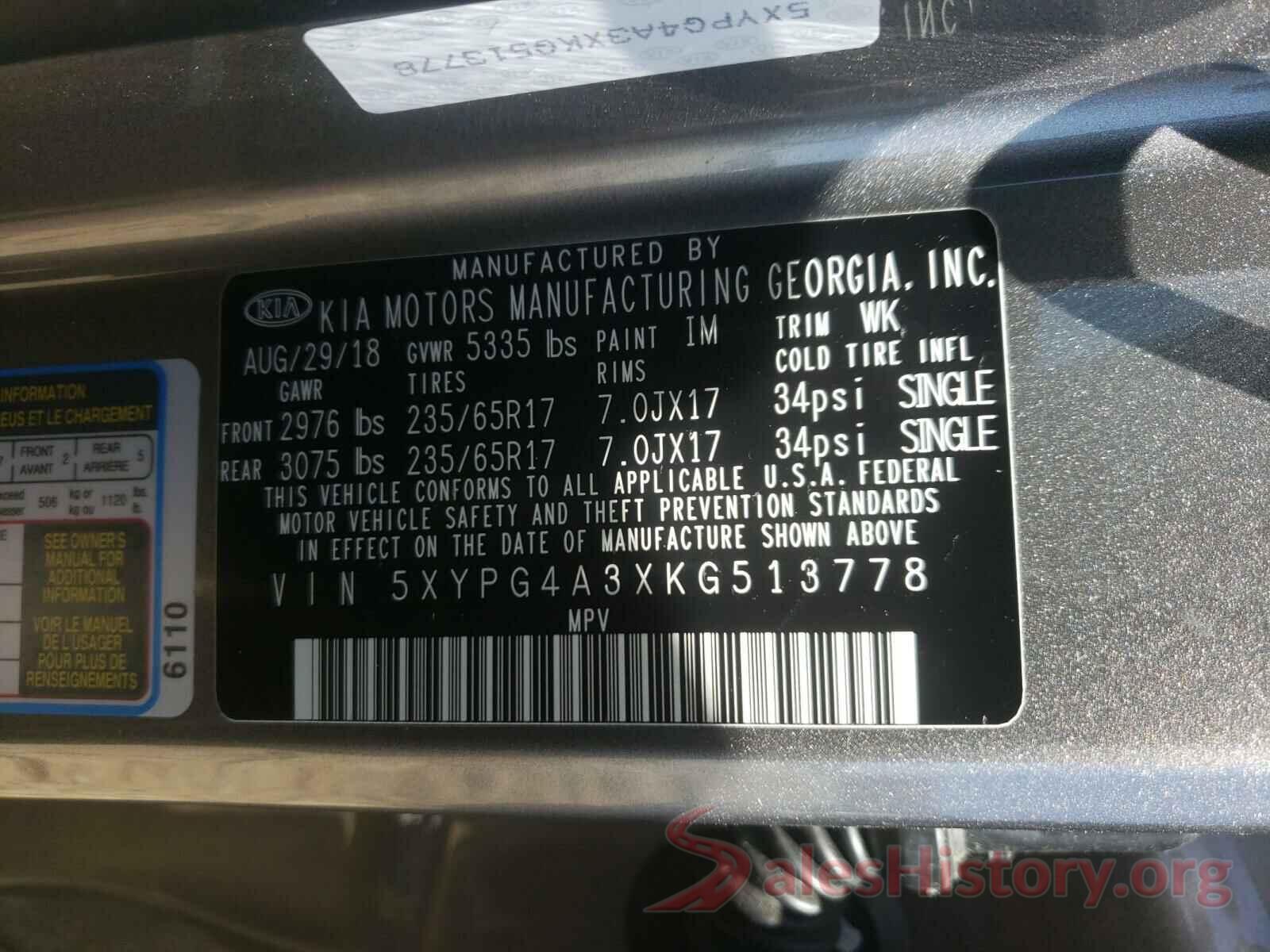 5XYPG4A3XKG513778 2019 KIA SORENTO