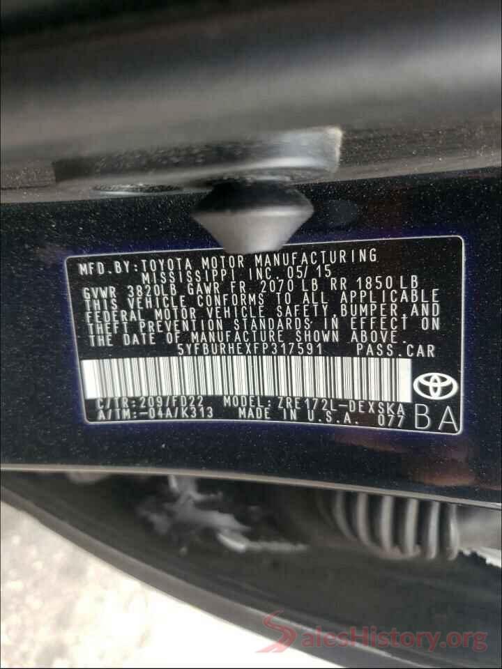 5YFBURHEXFP317591 2015 TOYOTA COROLLA