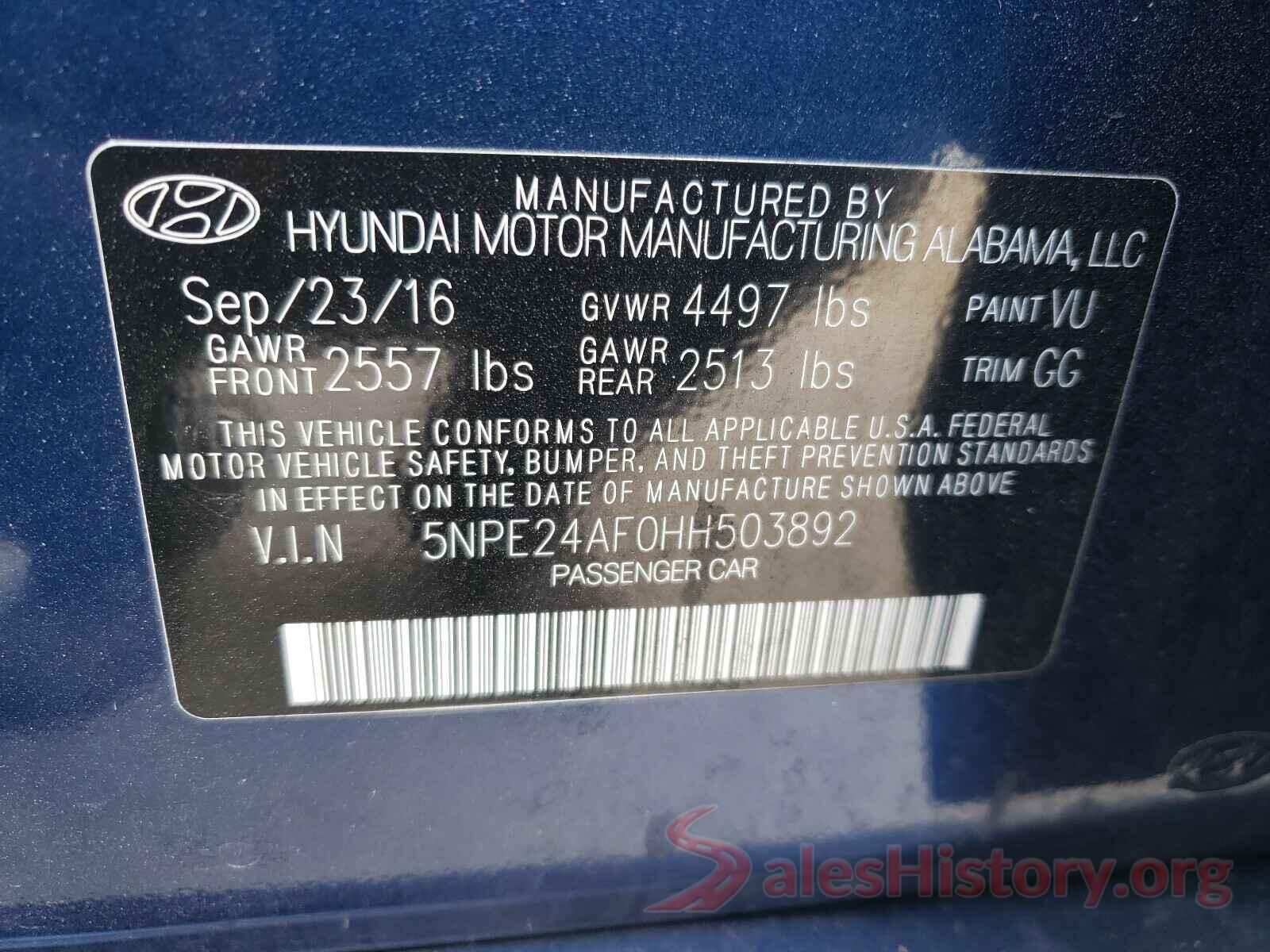 5NPE24AF0HH503892 2017 HYUNDAI SONATA