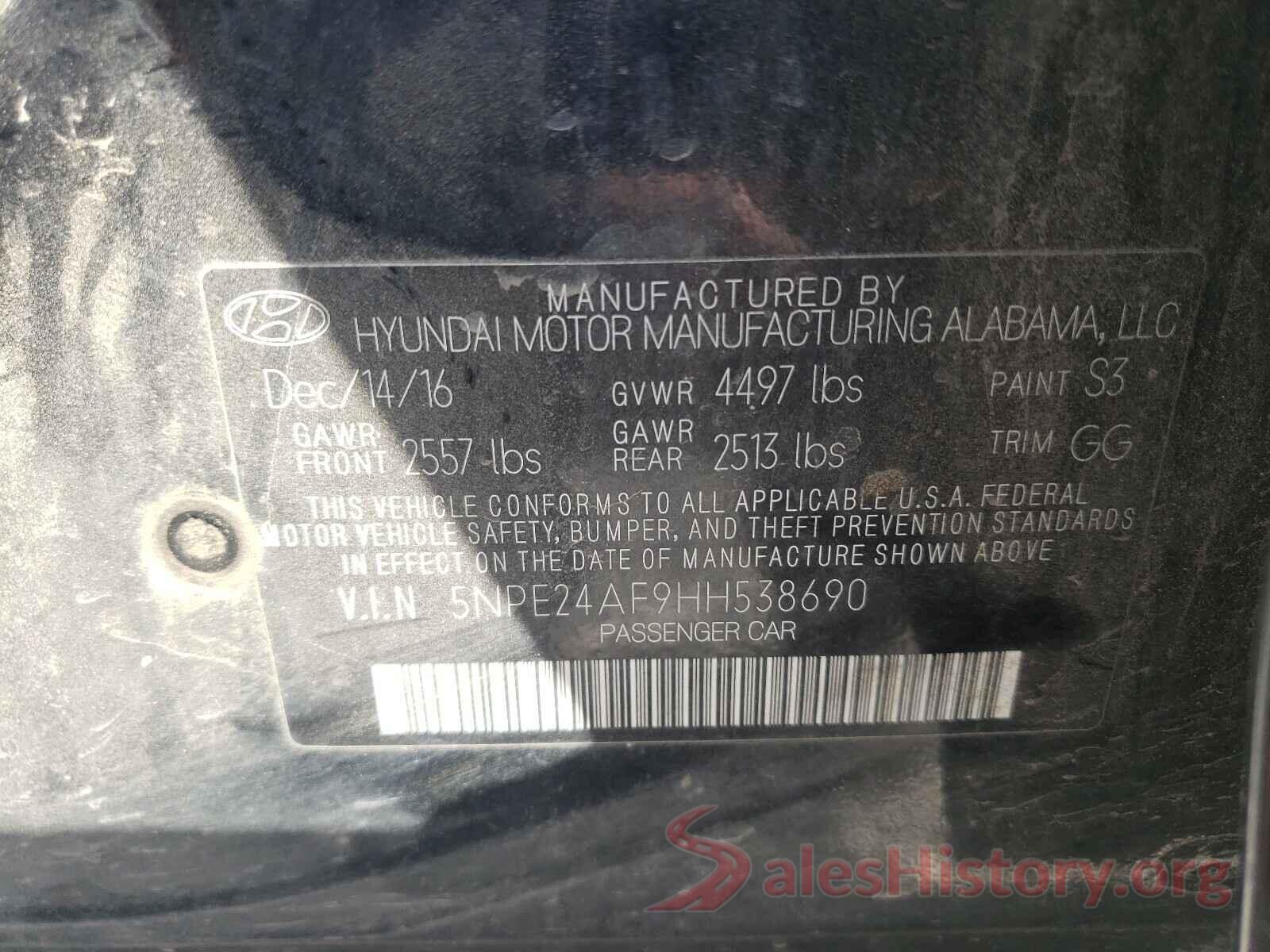 5NPE24AF9HH538690 2017 HYUNDAI SONATA