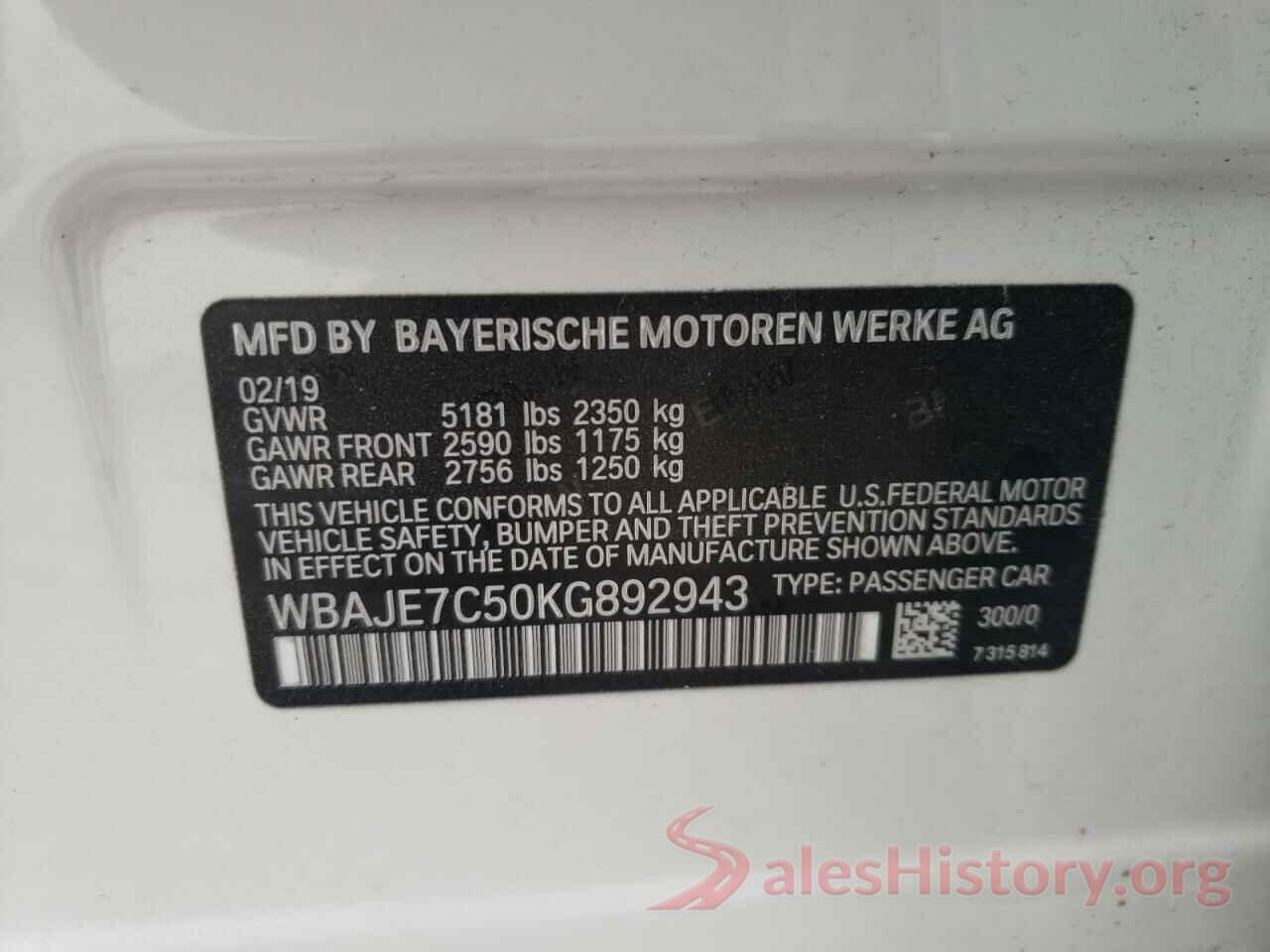 WBAJE7C50KG892943 2019 BMW 5 SERIES