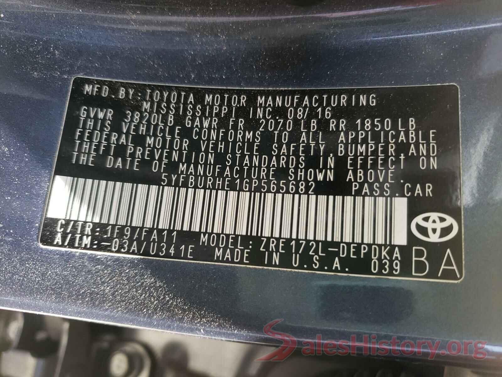 5YFBURHE1GP565682 2016 TOYOTA COROLLA