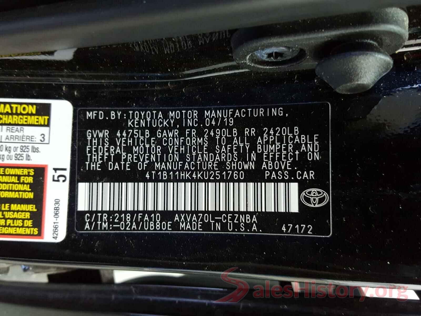 4T1B11HK4KU251760 2019 TOYOTA CAMRY