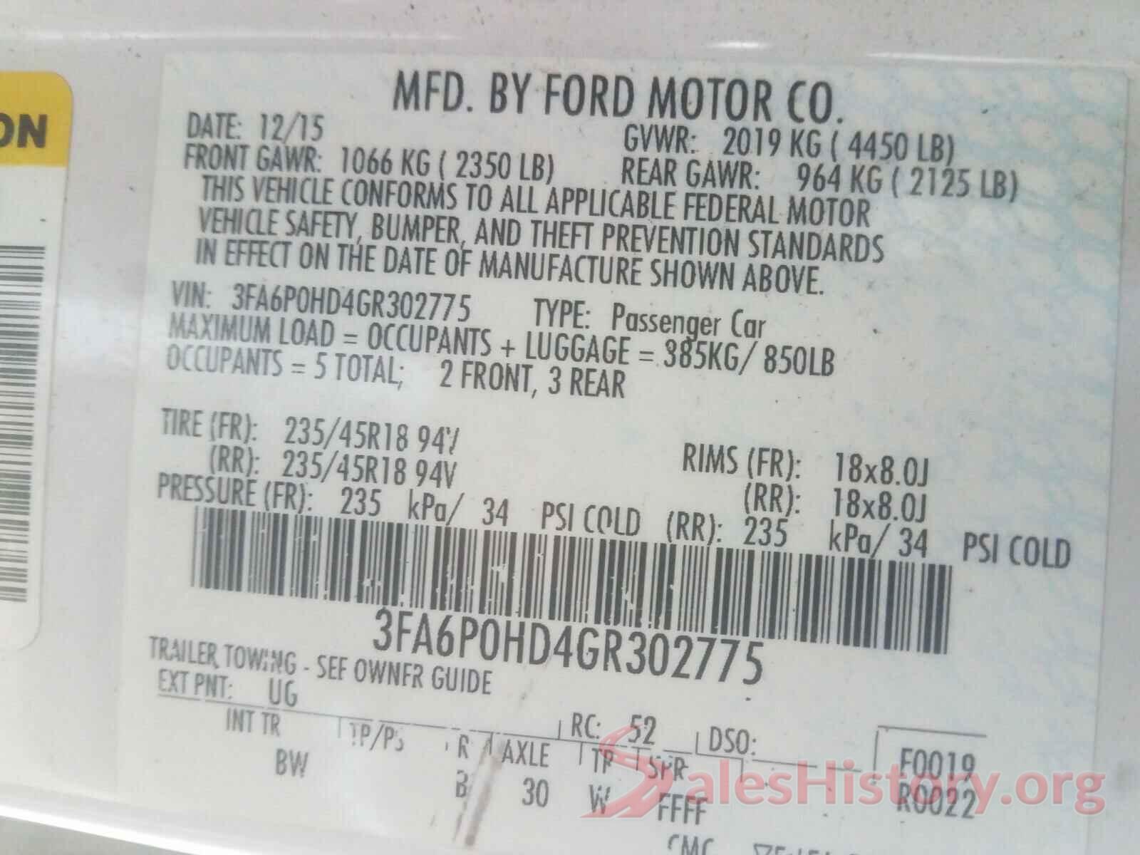 3FA6P0HD4GR302775 2016 FORD FUSION