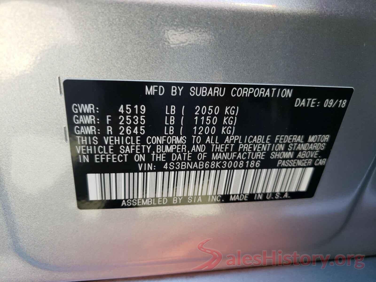 4S3BNAB68K3008186 2019 SUBARU LEGACY