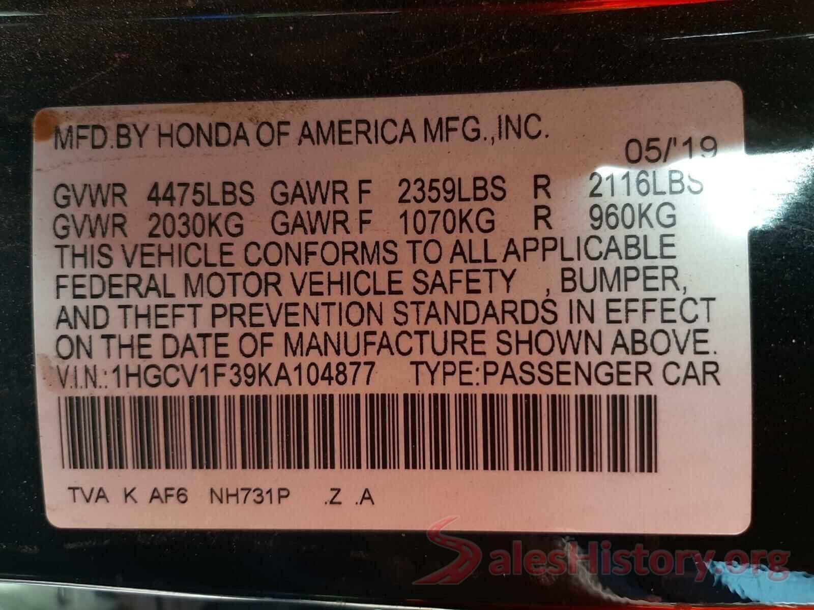 1HGCV1F39KA104877 2019 HONDA ACCORD