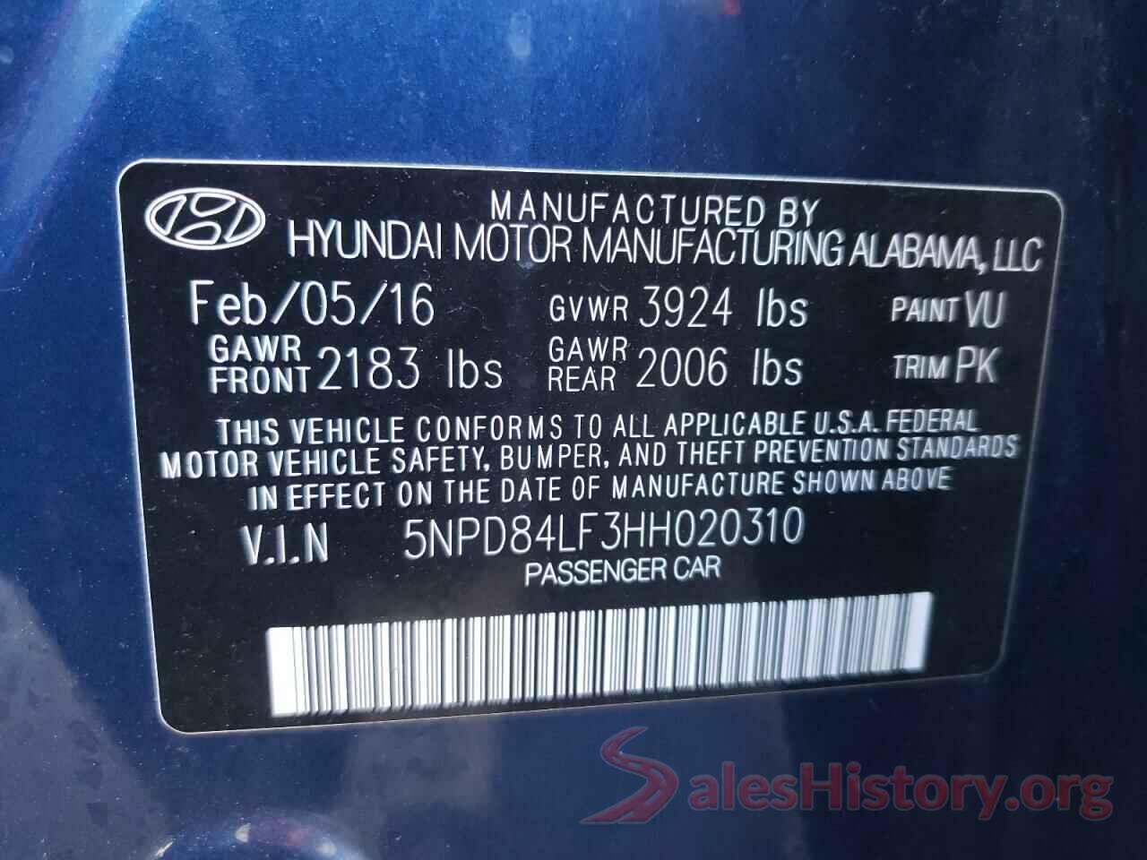 5NPD84LF3HH020310 2017 HYUNDAI ELANTRA