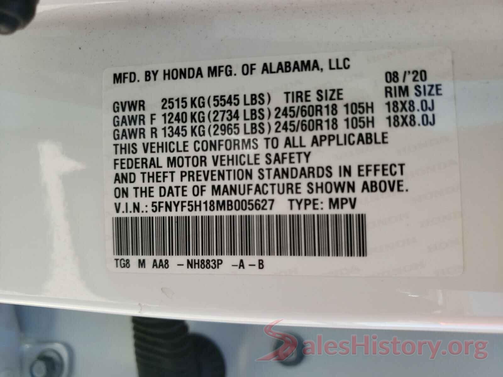 5FNYF5H18MB005627 2021 HONDA PILOT