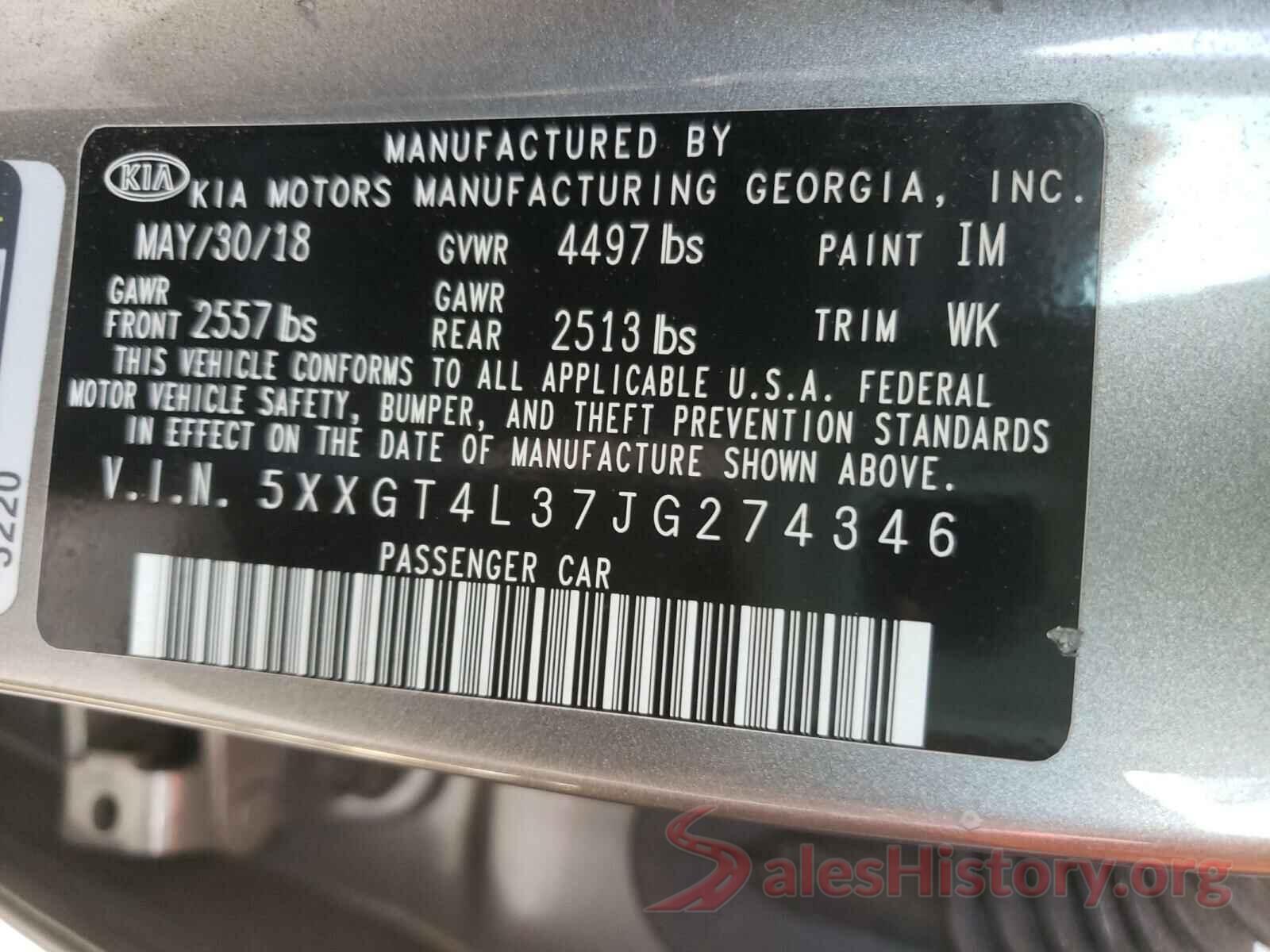 5XXGT4L37JG274346 2018 KIA OPTIMA