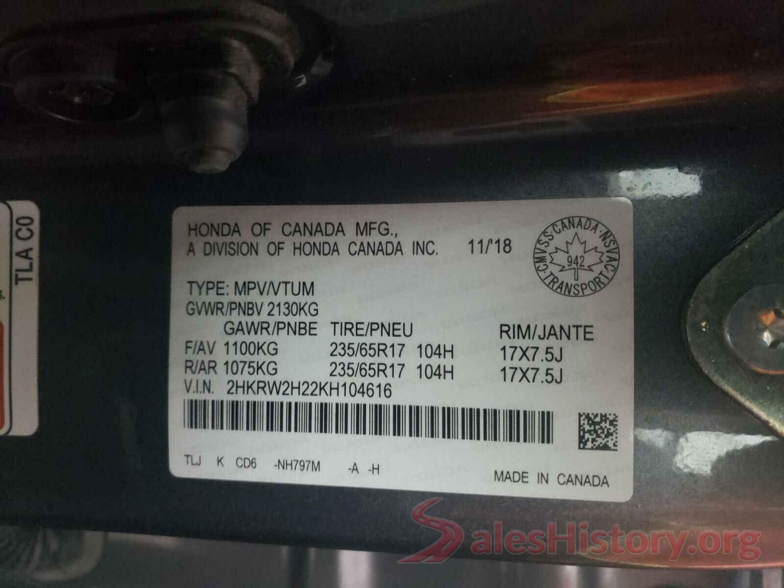 2HKRW2H22KH104616 2019 HONDA CRV