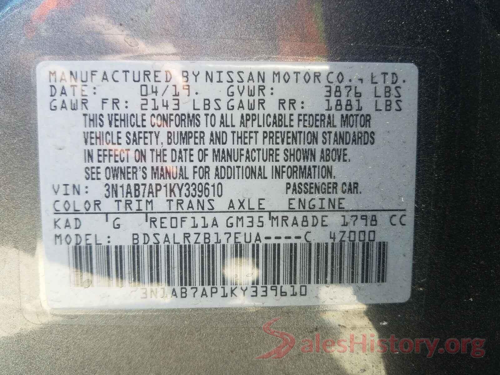 3N1AB7AP1KY339610 2019 NISSAN SENTRA