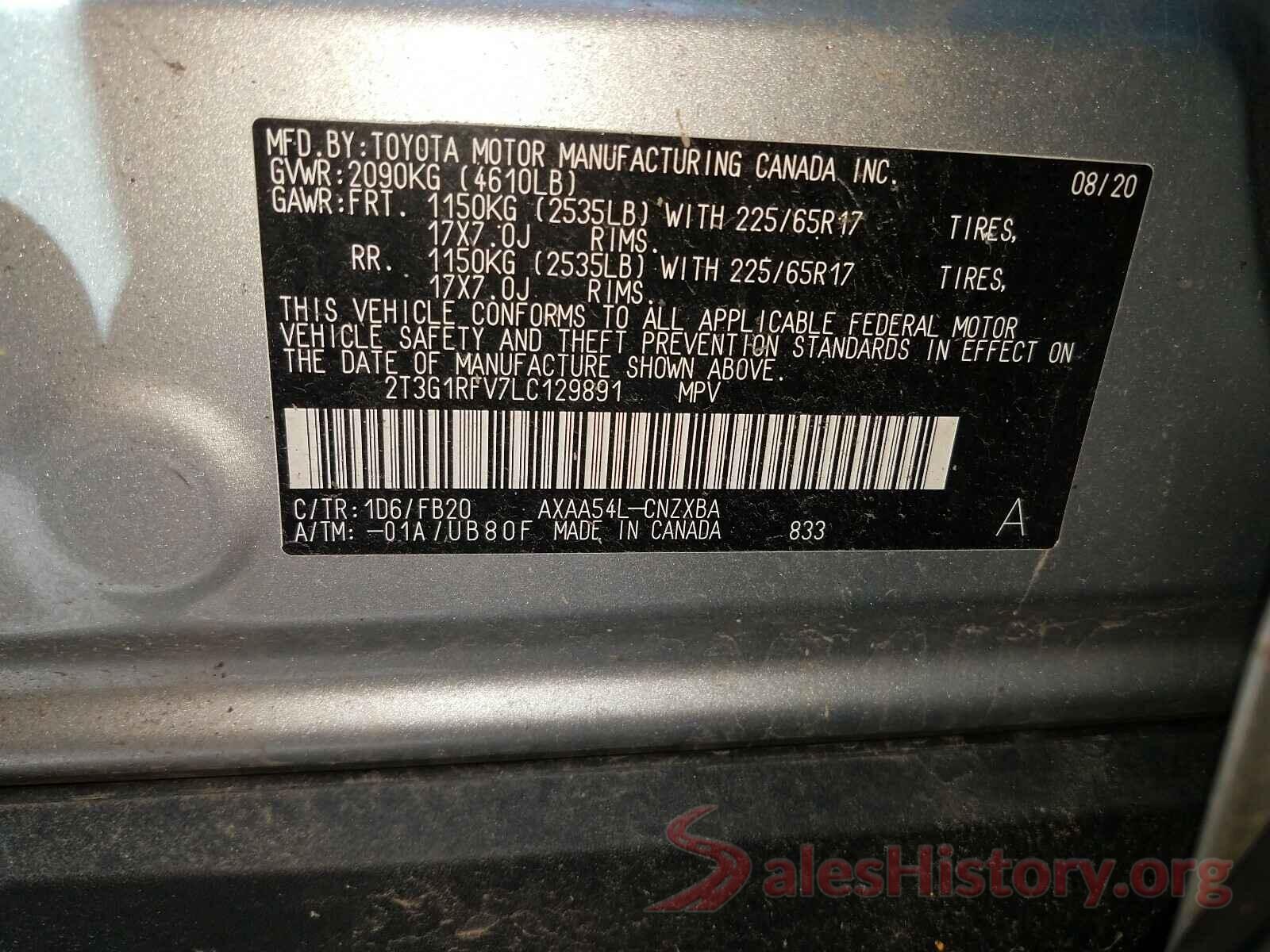 2T3G1RFV7LC129891 2020 TOYOTA RAV4