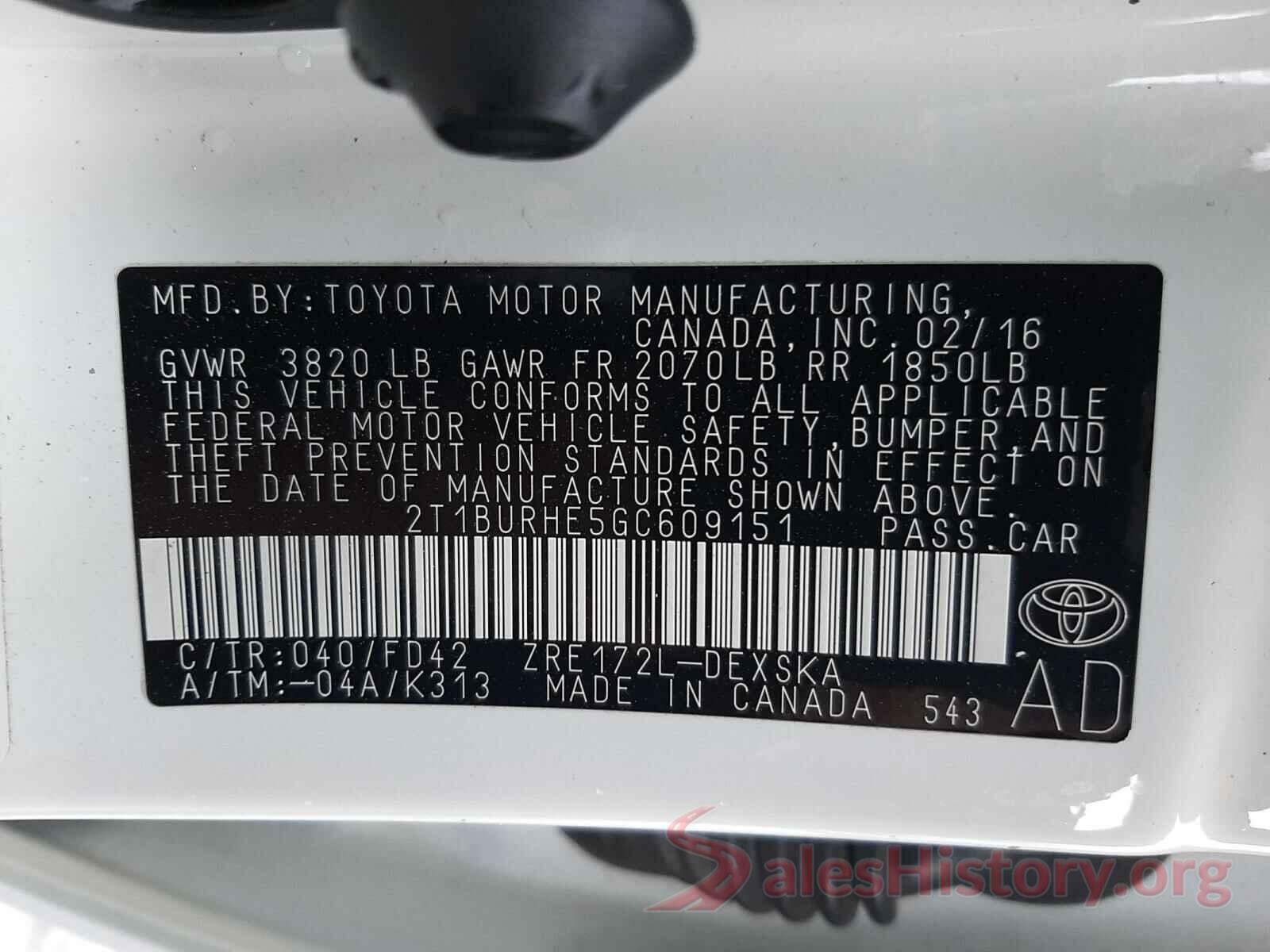 2T1BURHE5GC609151 2016 TOYOTA COROLLA