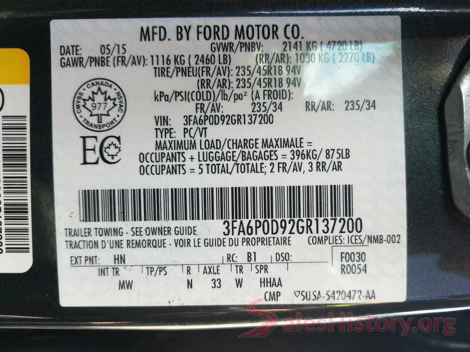 3FA6P0D92GR137200 2016 FORD FUSION