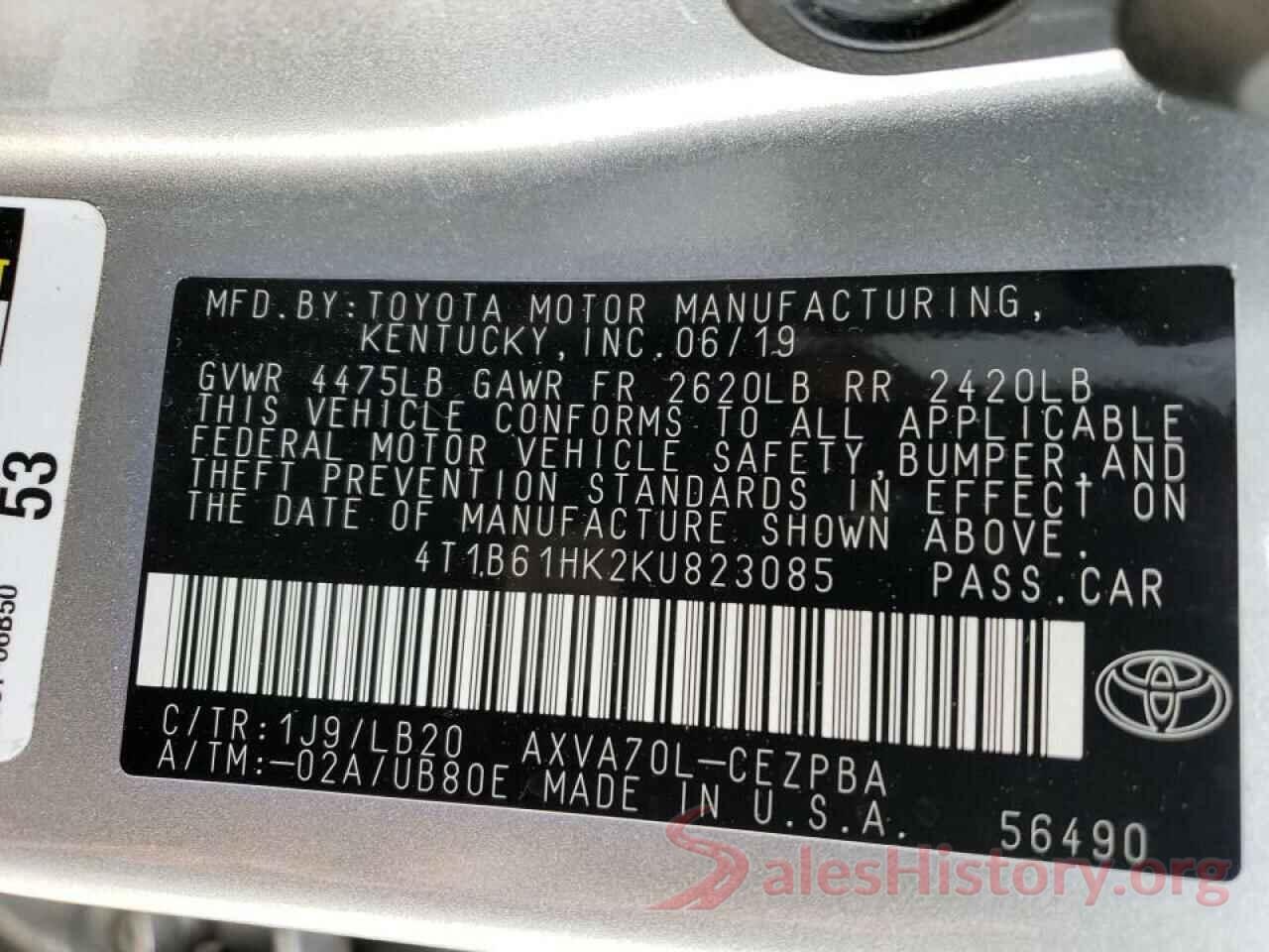 4T1B61HK2KU823085 2019 TOYOTA CAMRY