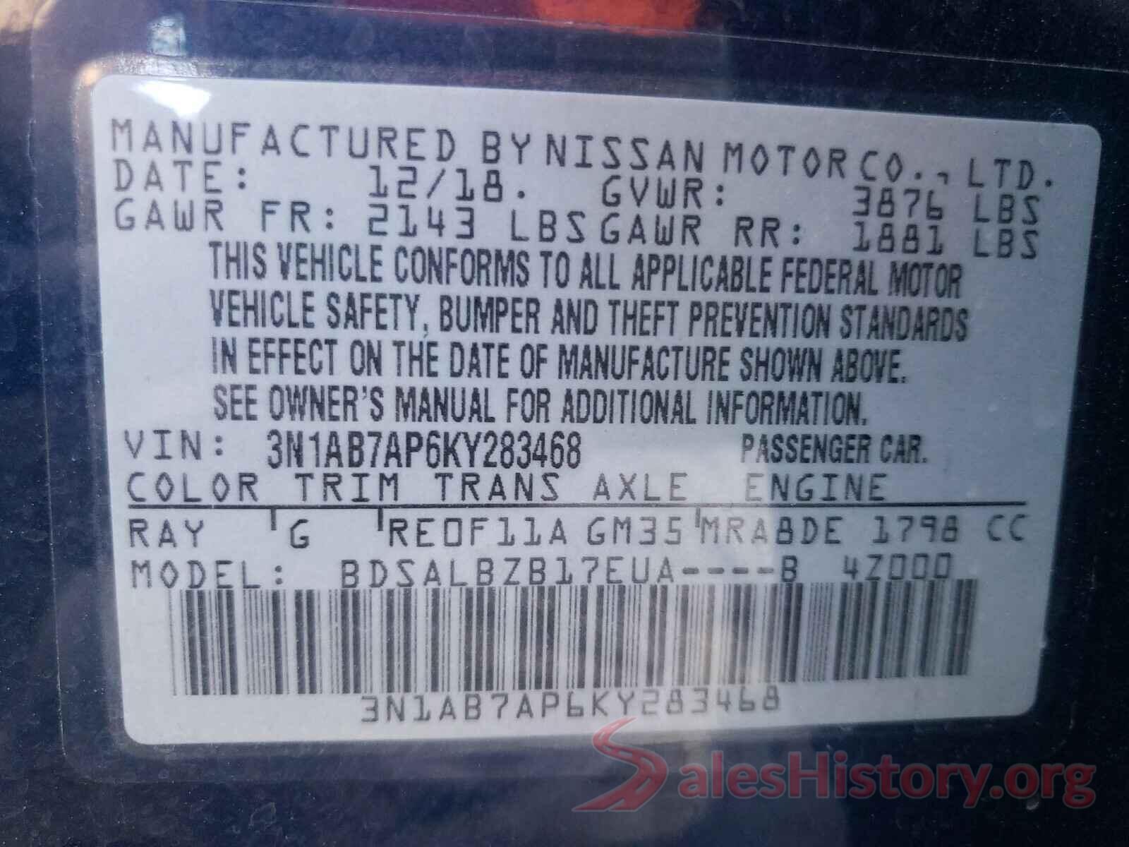 3N1AB7AP6KY283468 2019 NISSAN SENTRA