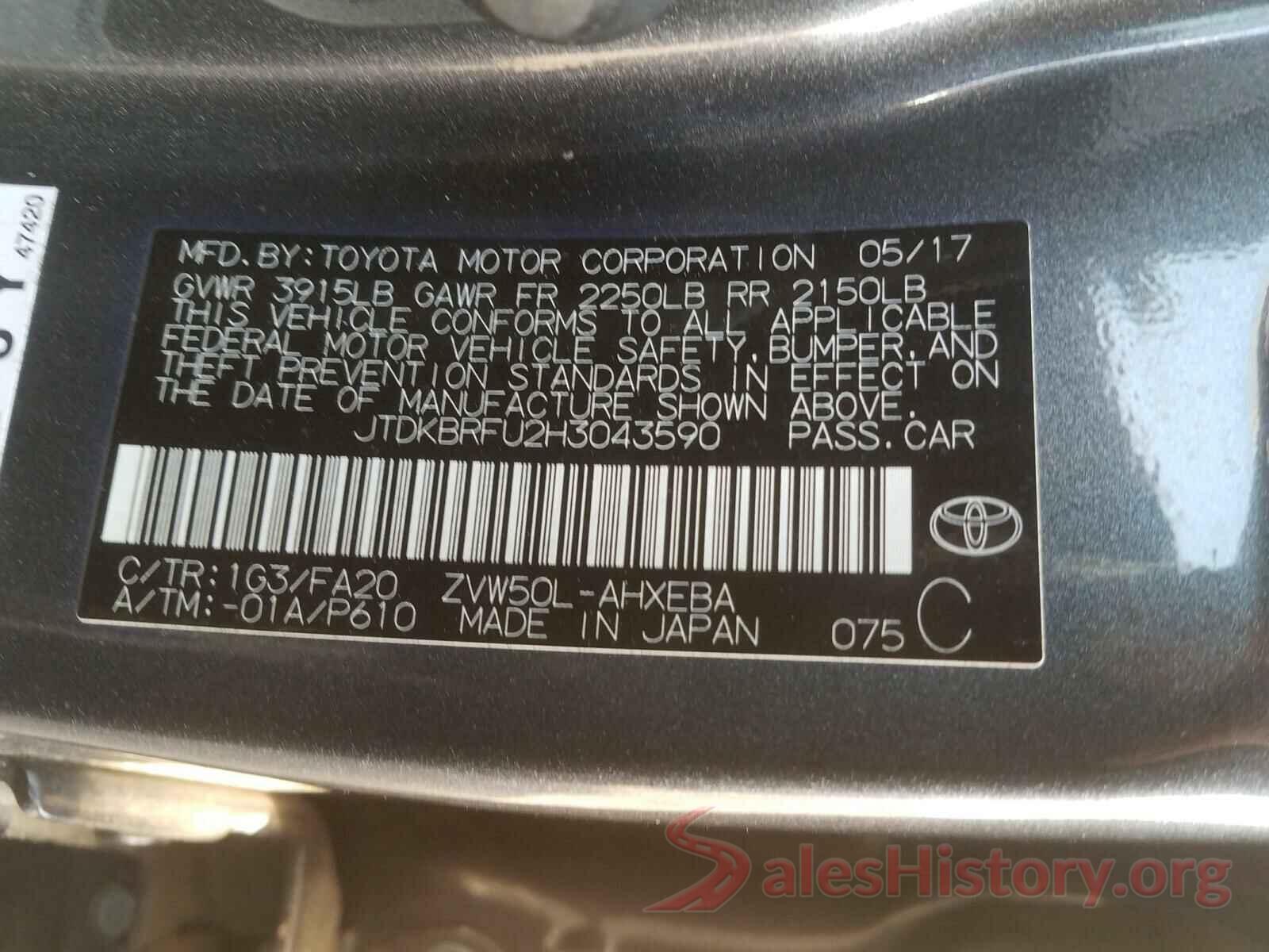 JTDKBRFU2H3043590 2017 TOYOTA PRIUS