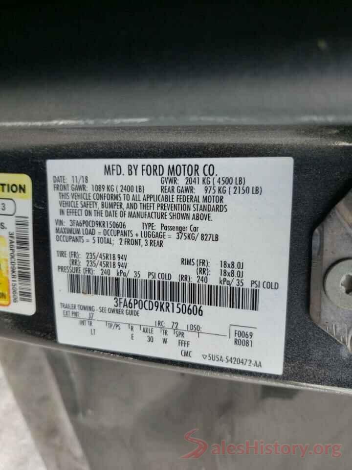 3FA6P0CD9KR150606 2019 FORD FUSION