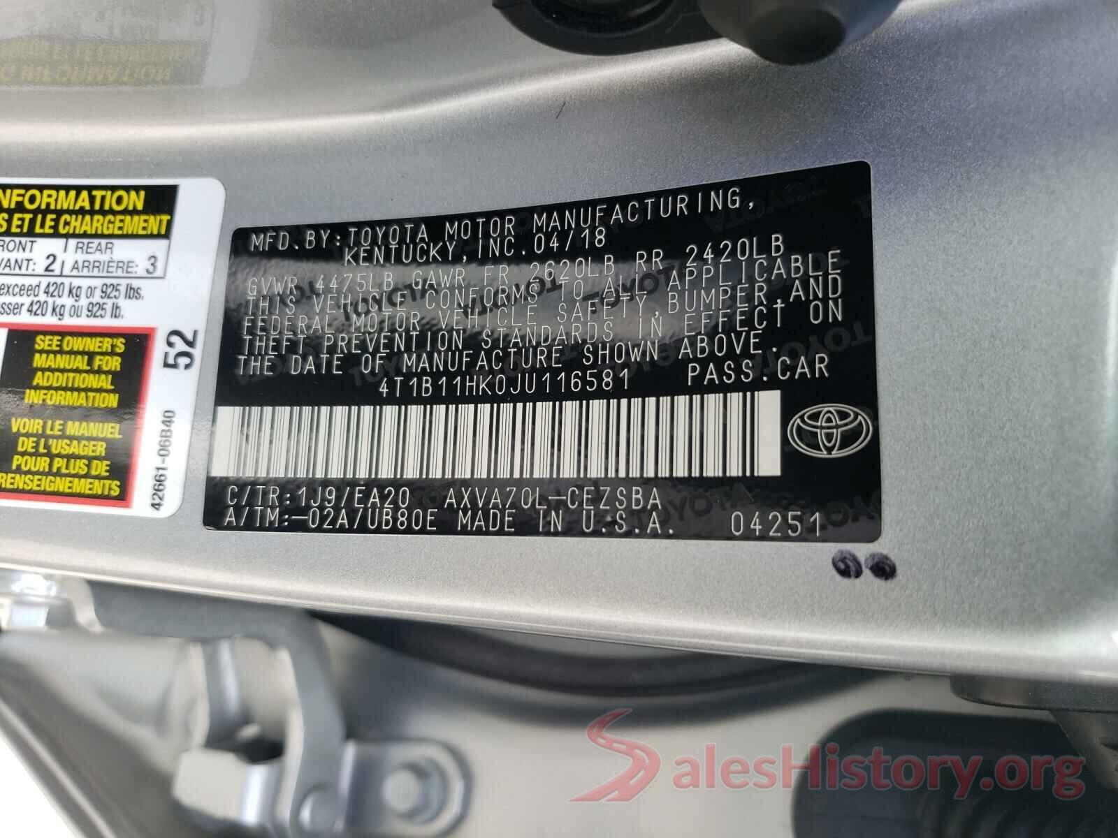 4T1B11HK0JU116581 2018 TOYOTA CAMRY