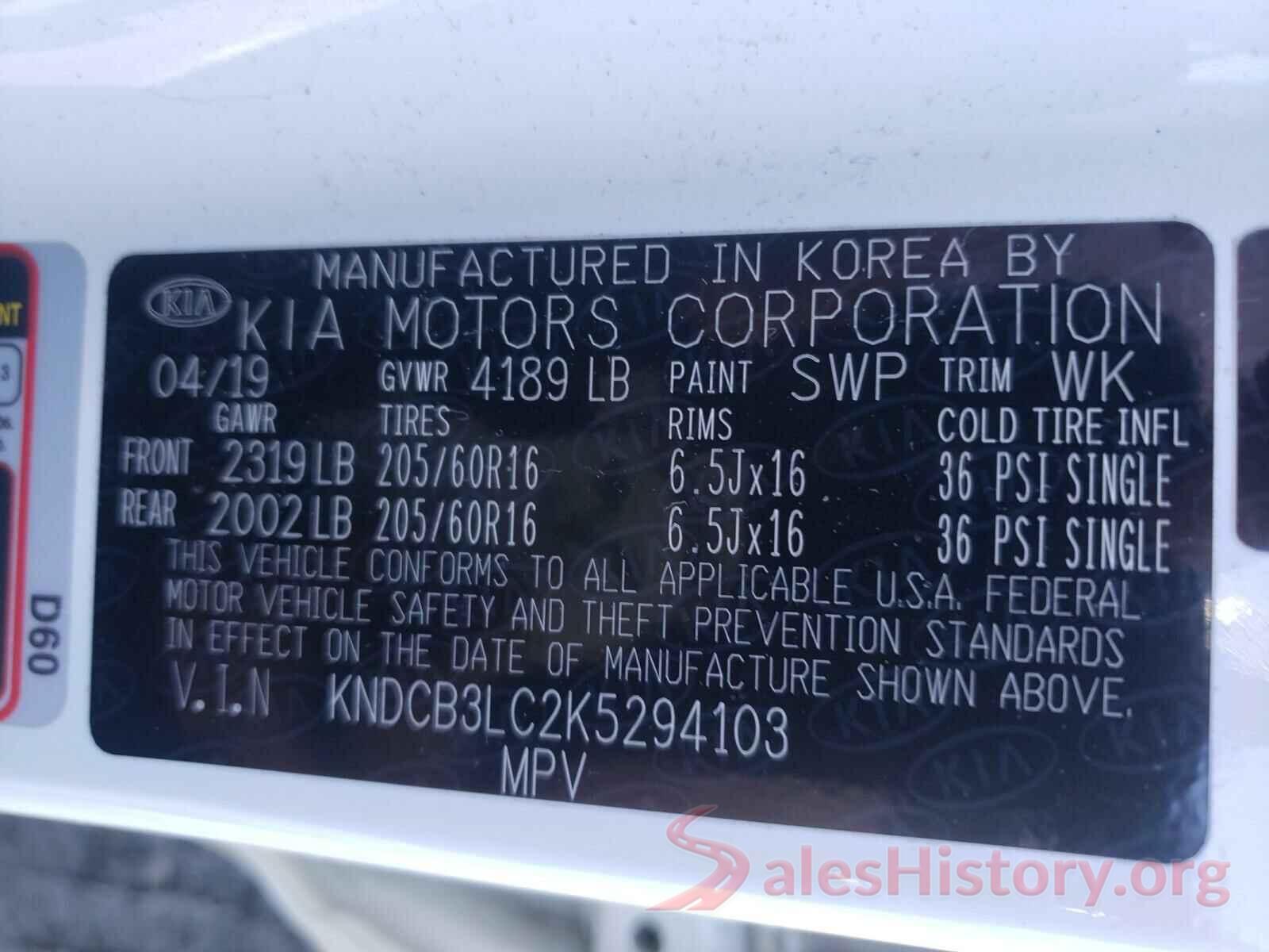 KNDCB3LC2K5294103 2019 KIA NIRO