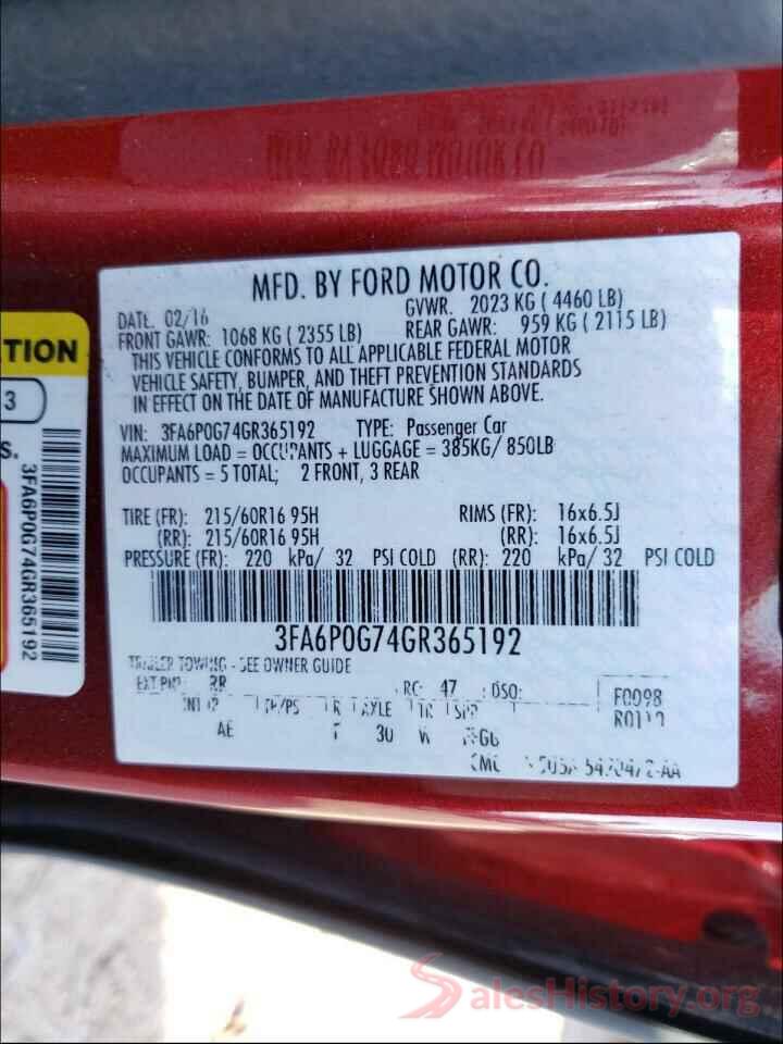 3FA6P0G74GR365192 2016 FORD FUSION