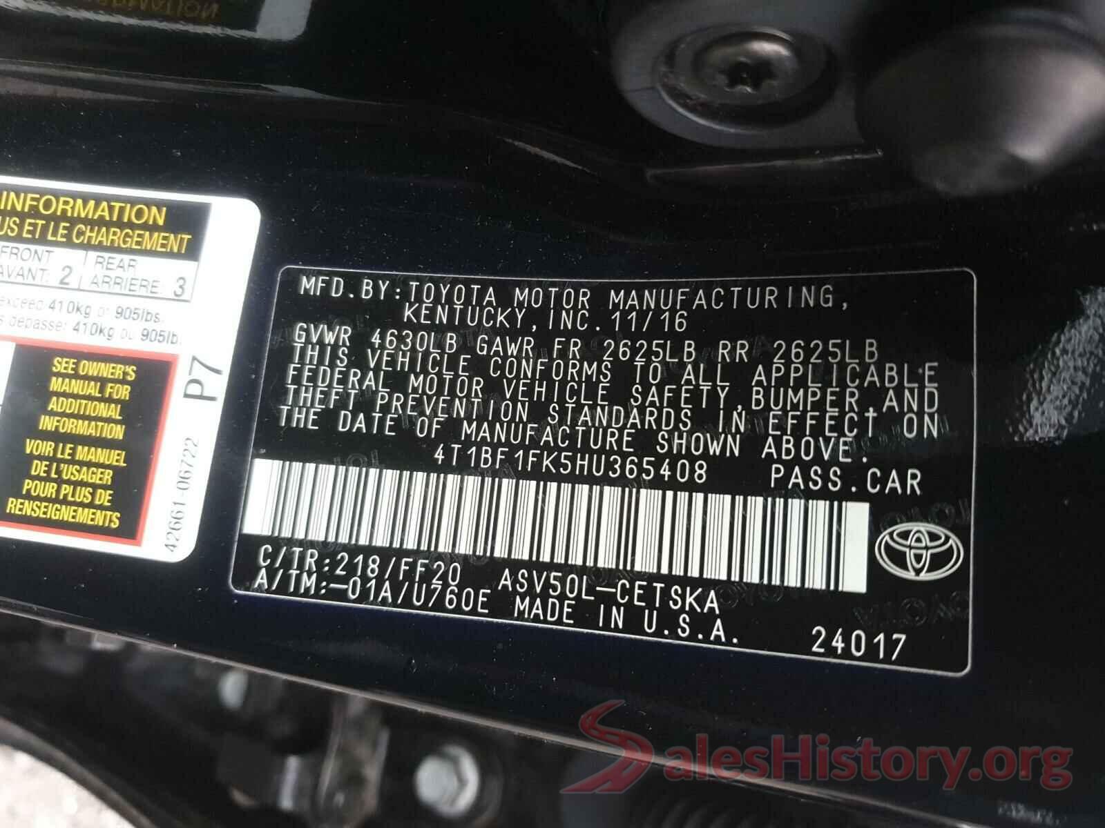 4T1BF1FK5HU365408 2017 TOYOTA CAMRY