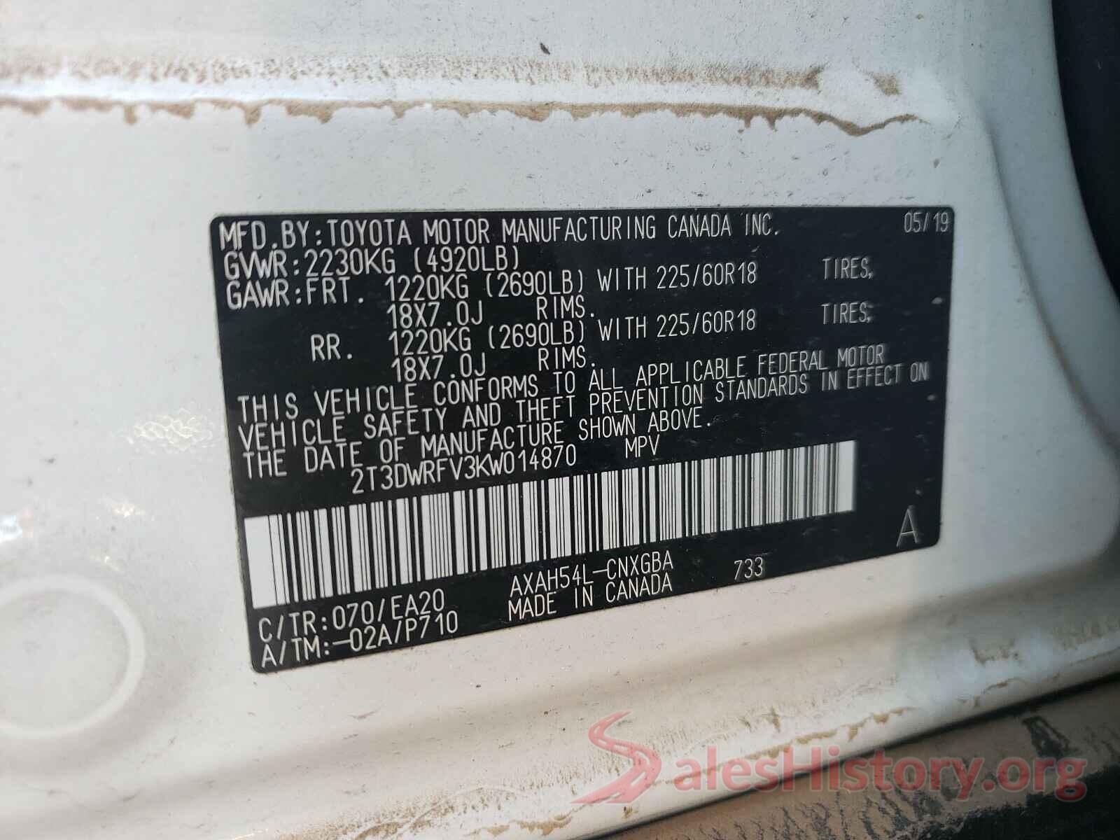 2T3DWRFV3KW014870 2019 TOYOTA RAV4