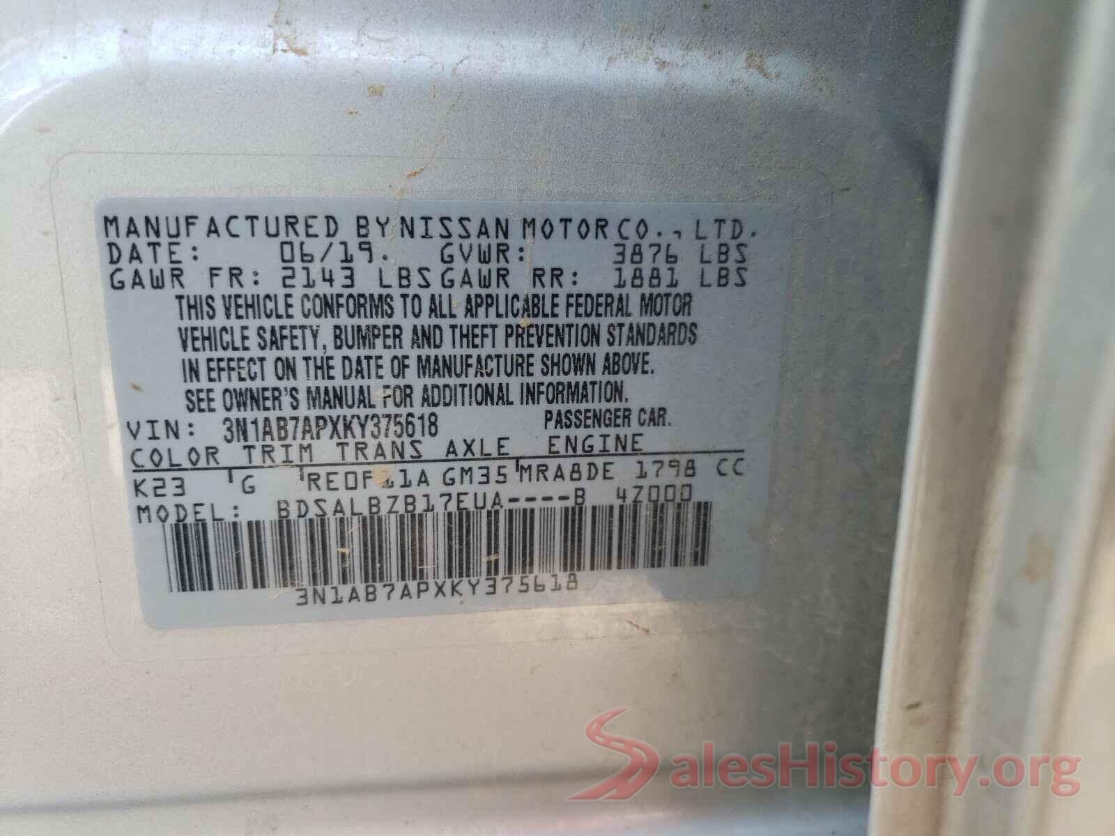 3N1AB7APXKY375618 2019 NISSAN SENTRA