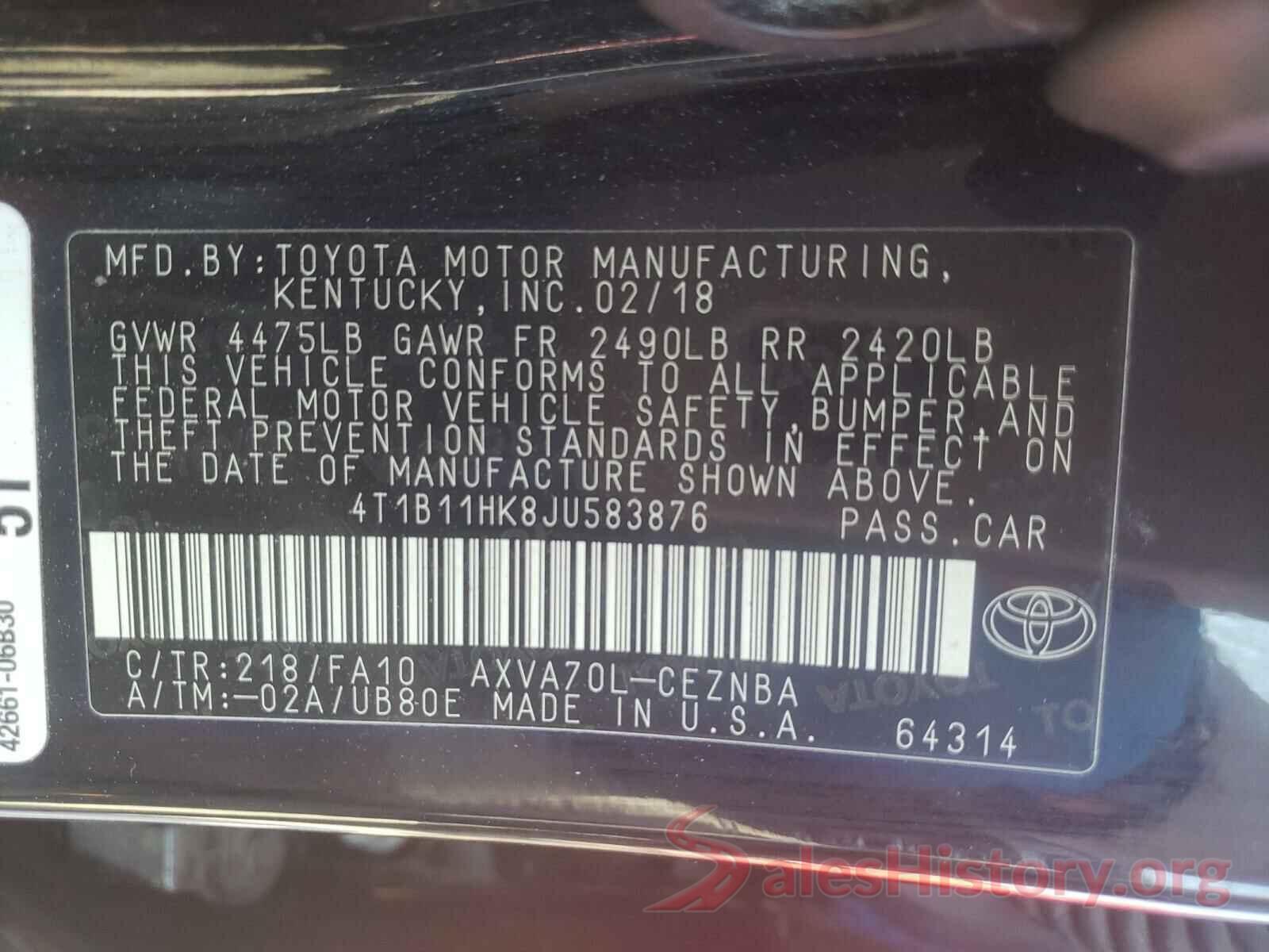 4T1B11HK8JU583876 2018 TOYOTA CAMRY