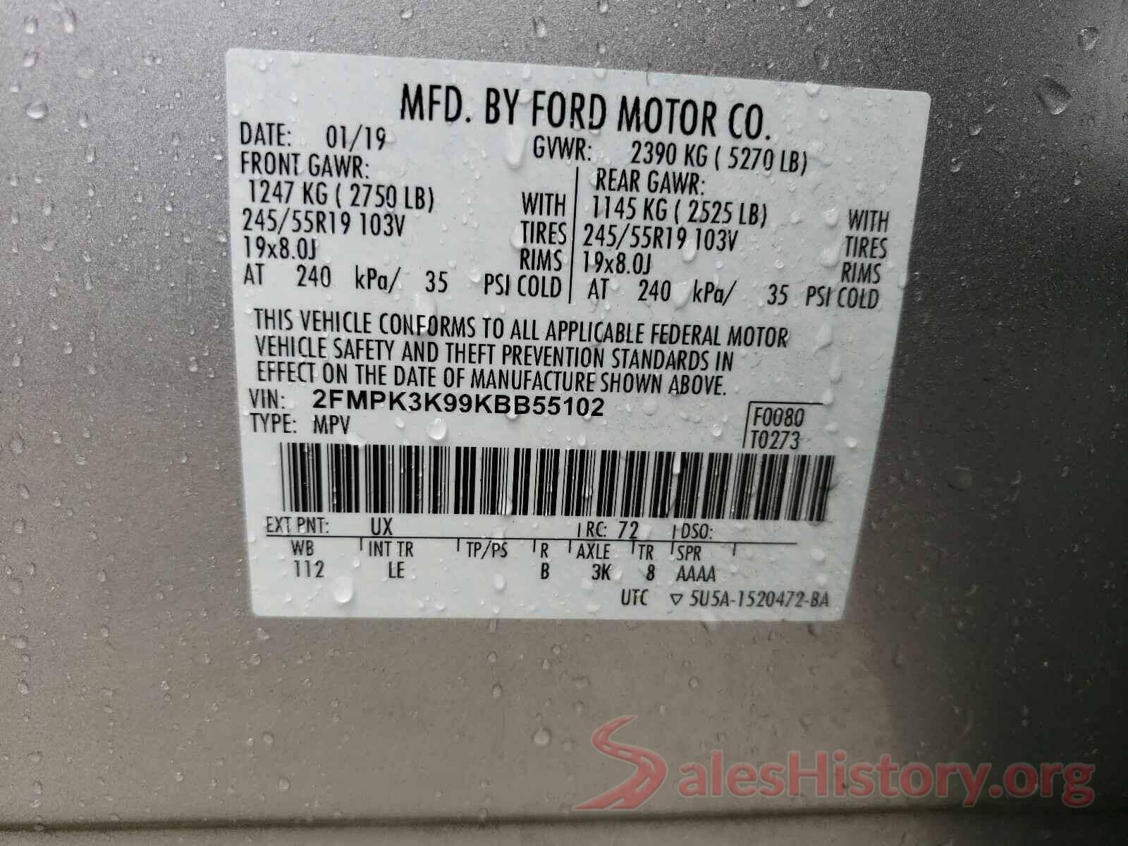 2FMPK3K99KBB55102 2019 FORD EDGE