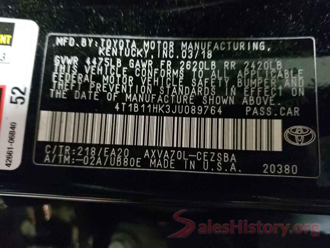 4T1B11HK3JU089764 2018 TOYOTA CAMRY