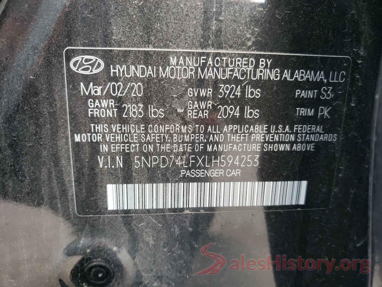 5NPD74LFXLH594253 2020 HYUNDAI ELANTRA