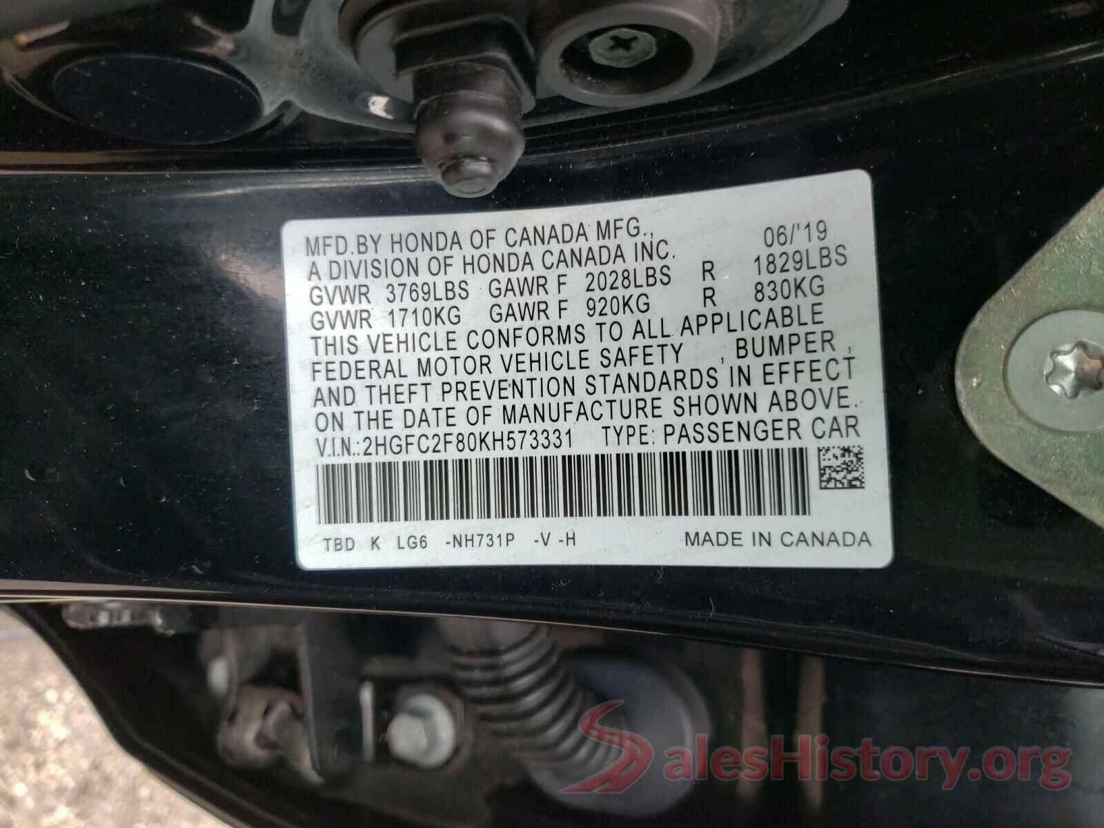 2HGFC2F80KH573331 2019 HONDA CIVIC