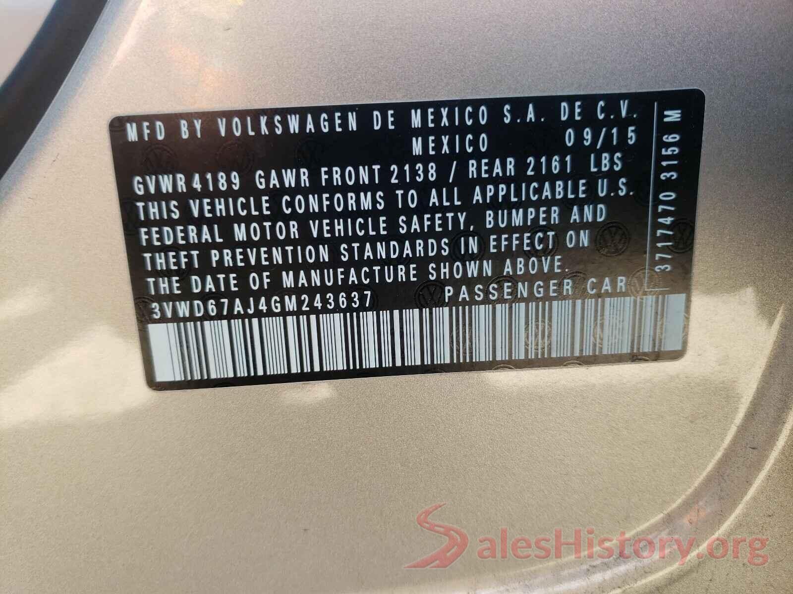 3VWD67AJ4GM243637 2016 VOLKSWAGEN JETTA