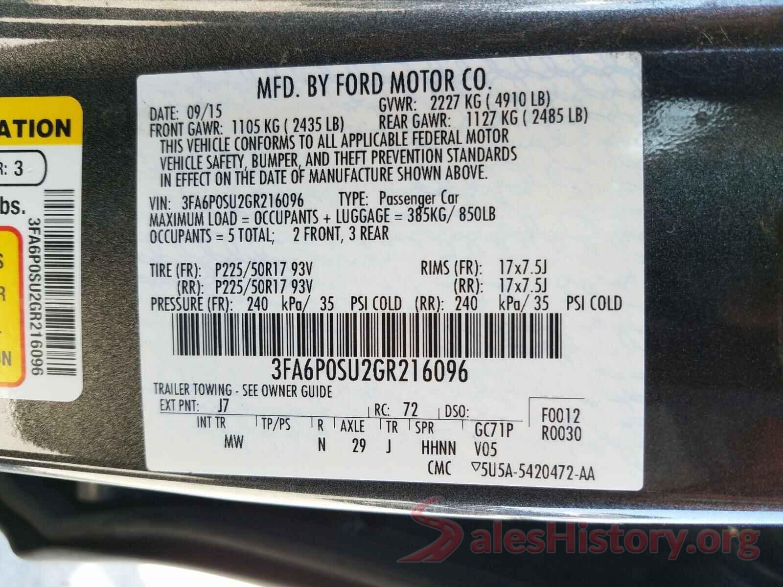 3FA6P0SU2GR216096 2016 FORD FUSION