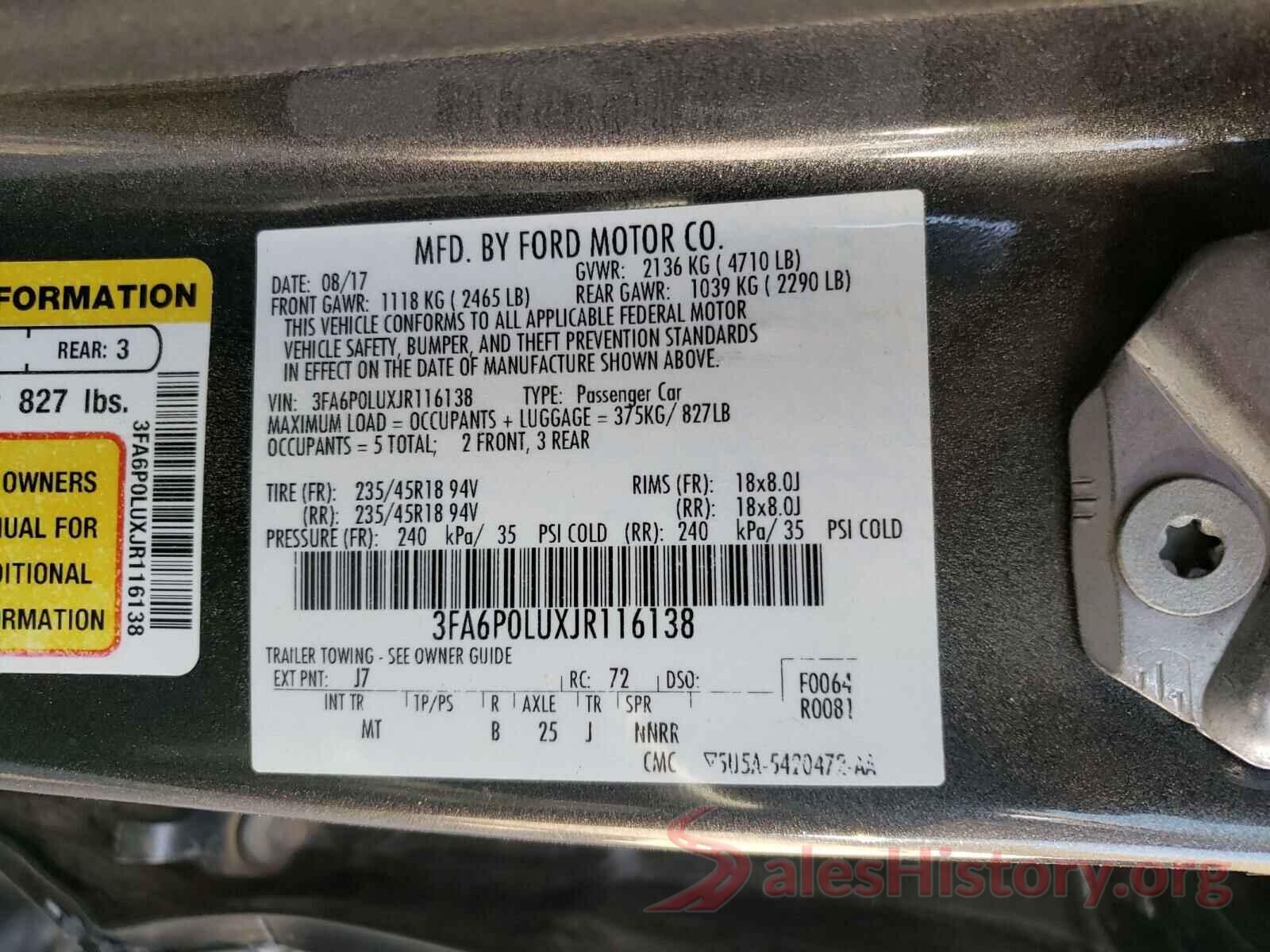 3FA6P0LUXJR116138 2018 FORD FUSION