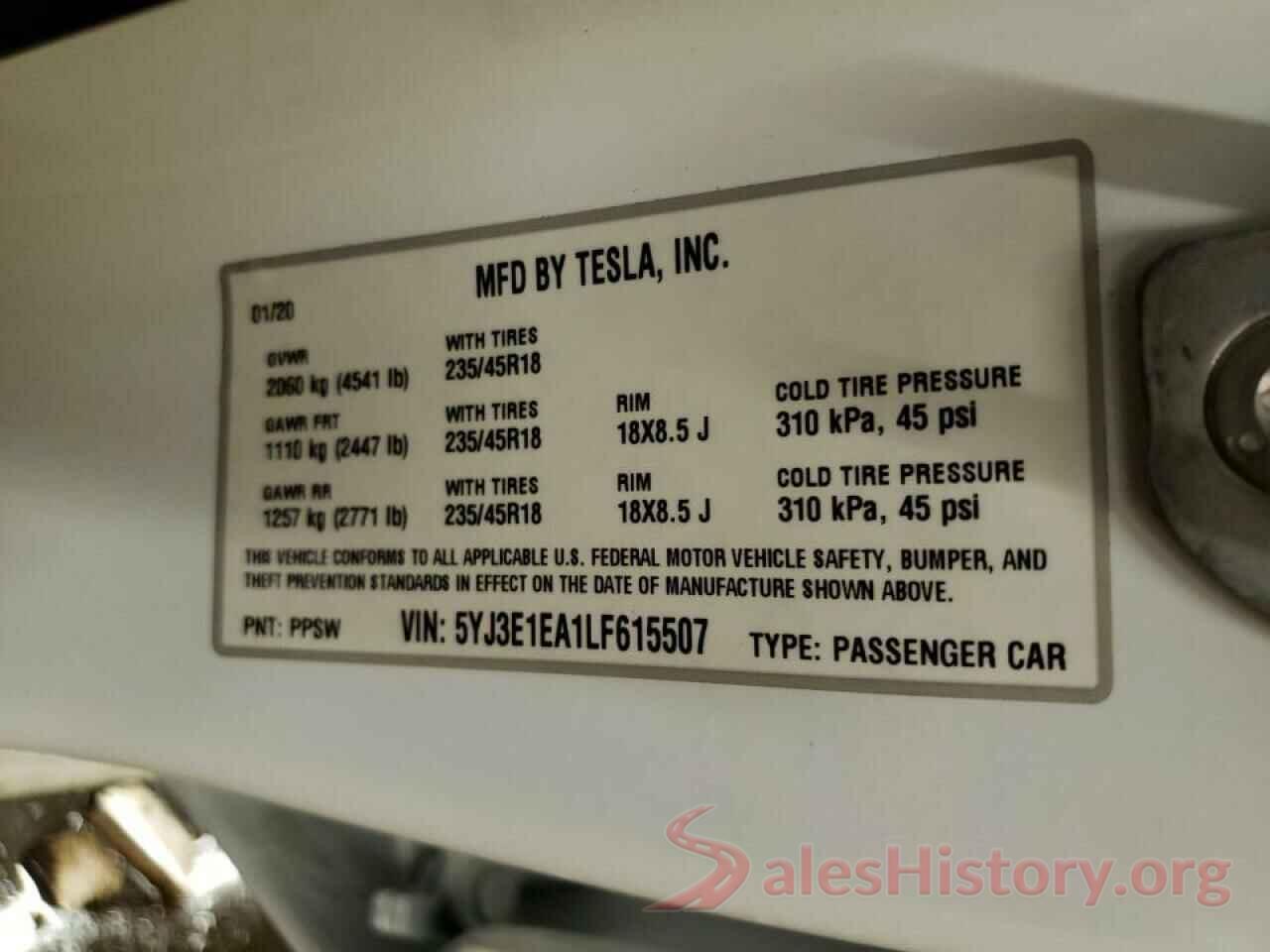 5YJ3E1EA1LF615507 2020 TESLA MODEL 3