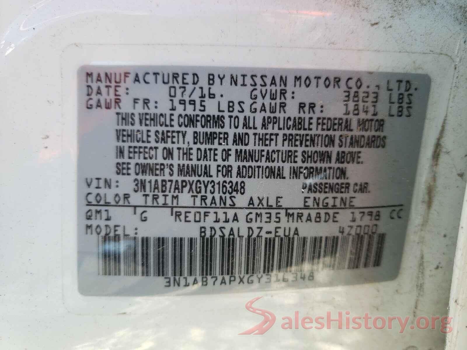 3N1AB7APXGY316348 2016 NISSAN SENTRA