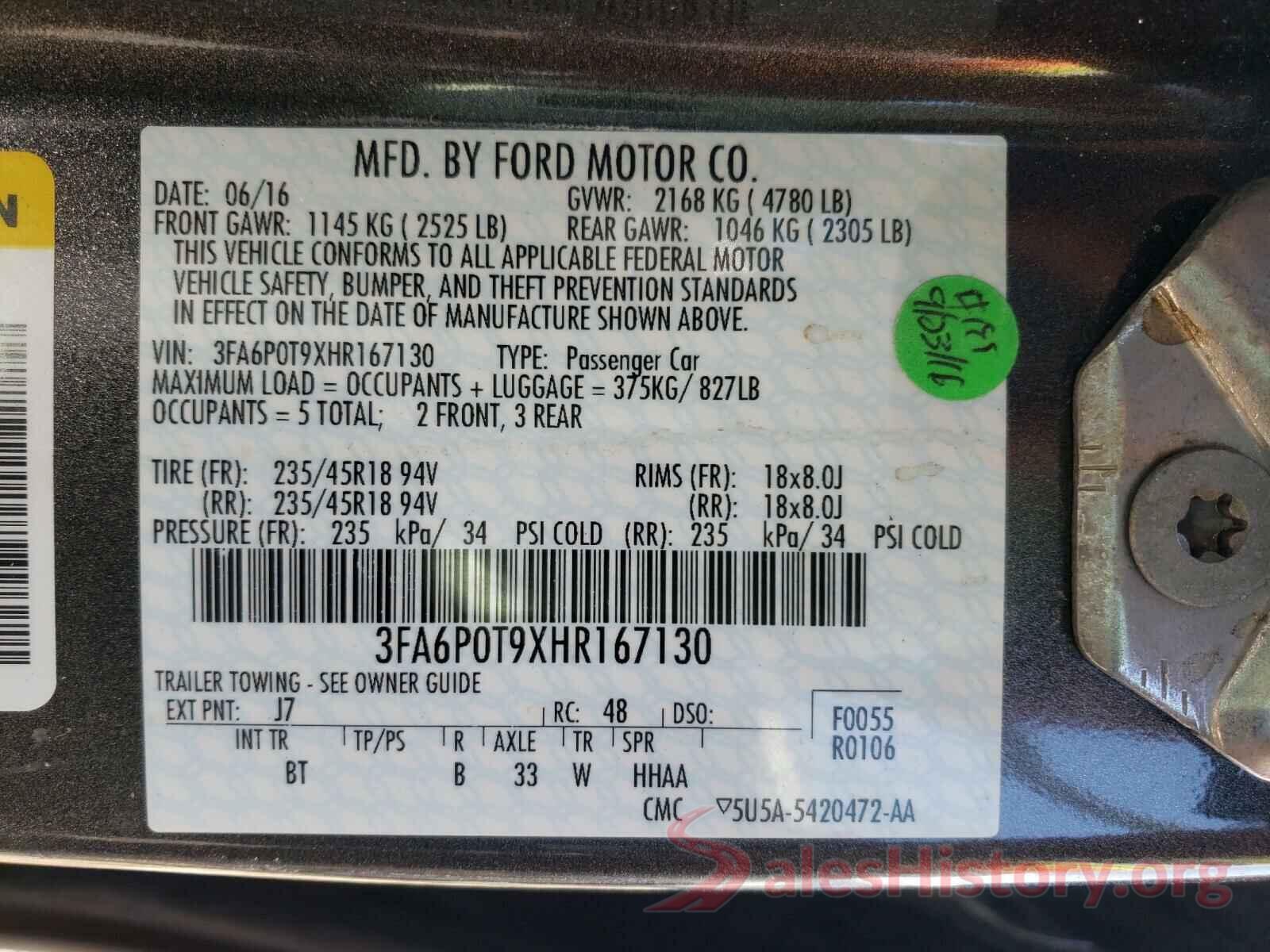 3FA6P0T9XHR167130 2017 FORD FUSION