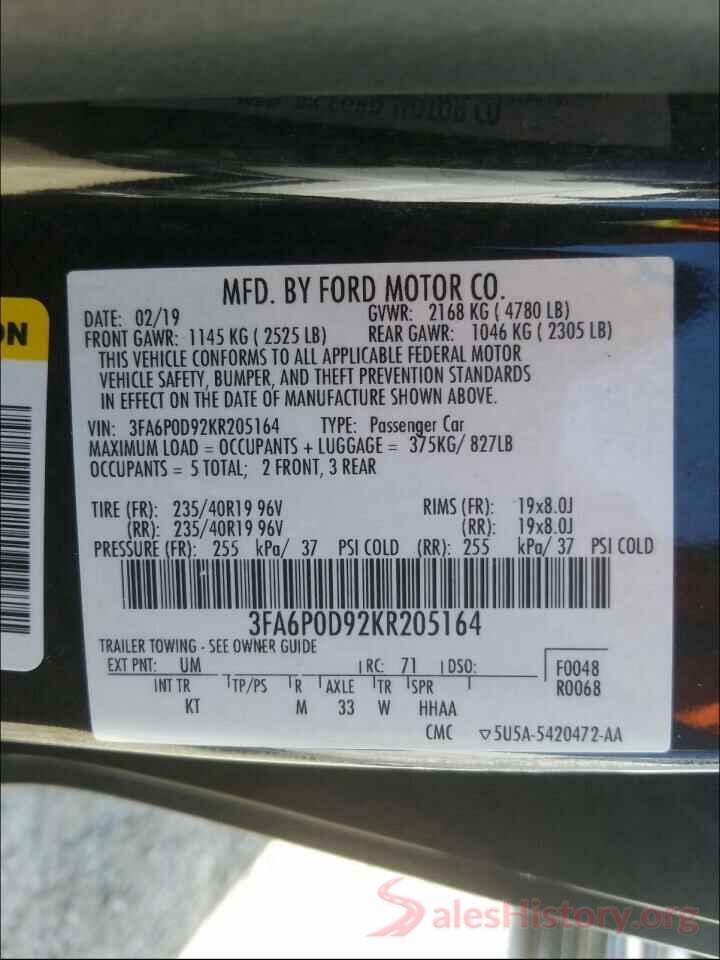 3FA6P0D92KR205164 2019 FORD FUSION