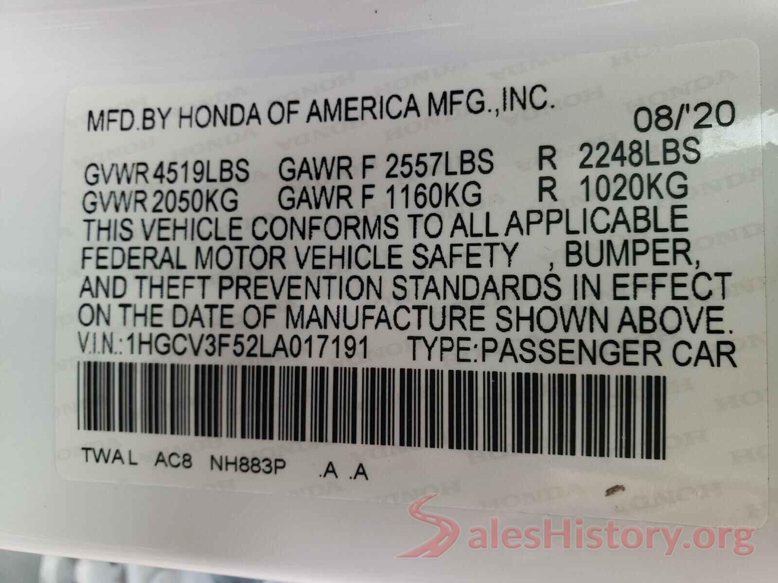 1HGCV3F52LA017191 2020 HONDA ACCORD